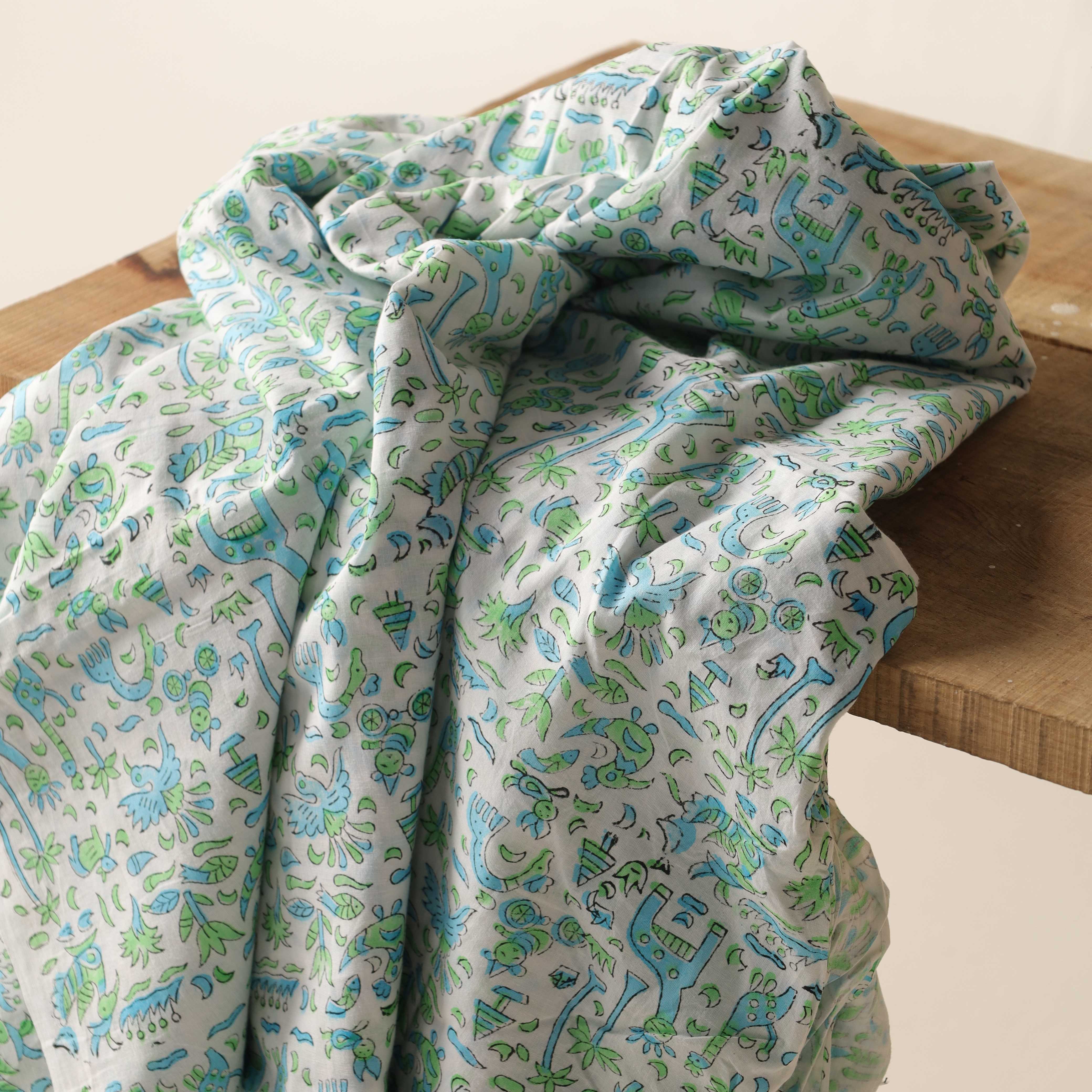 Artisan Hand Block Printed Cotton Fabric - Whimsical Safari & Flora Motif