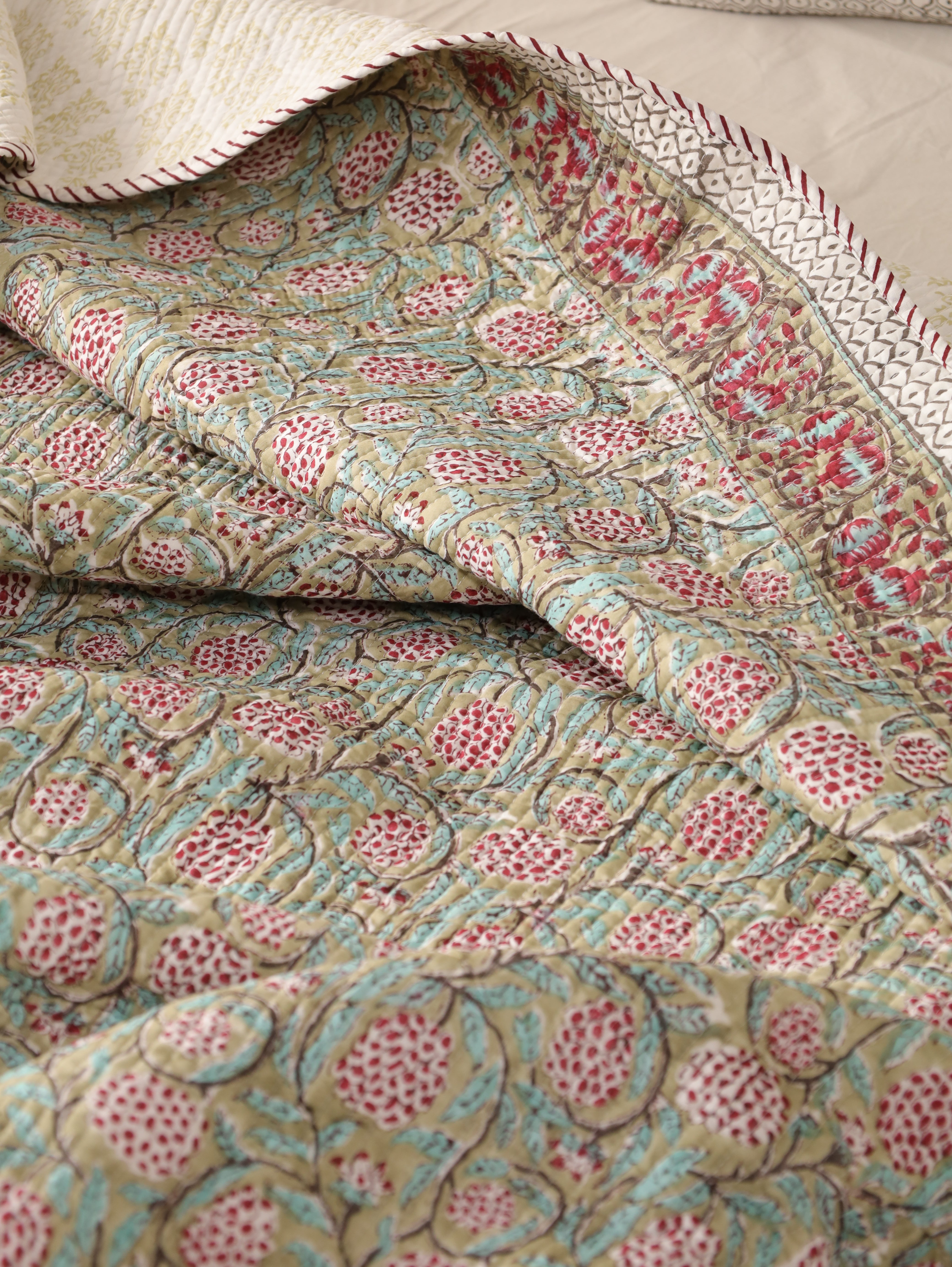 Jaipuri Print Handmade Floral Quilt Bedspread, Cotton Quilted Hand Block Print Cotton Cozy Indian Comforter All Season Quilt