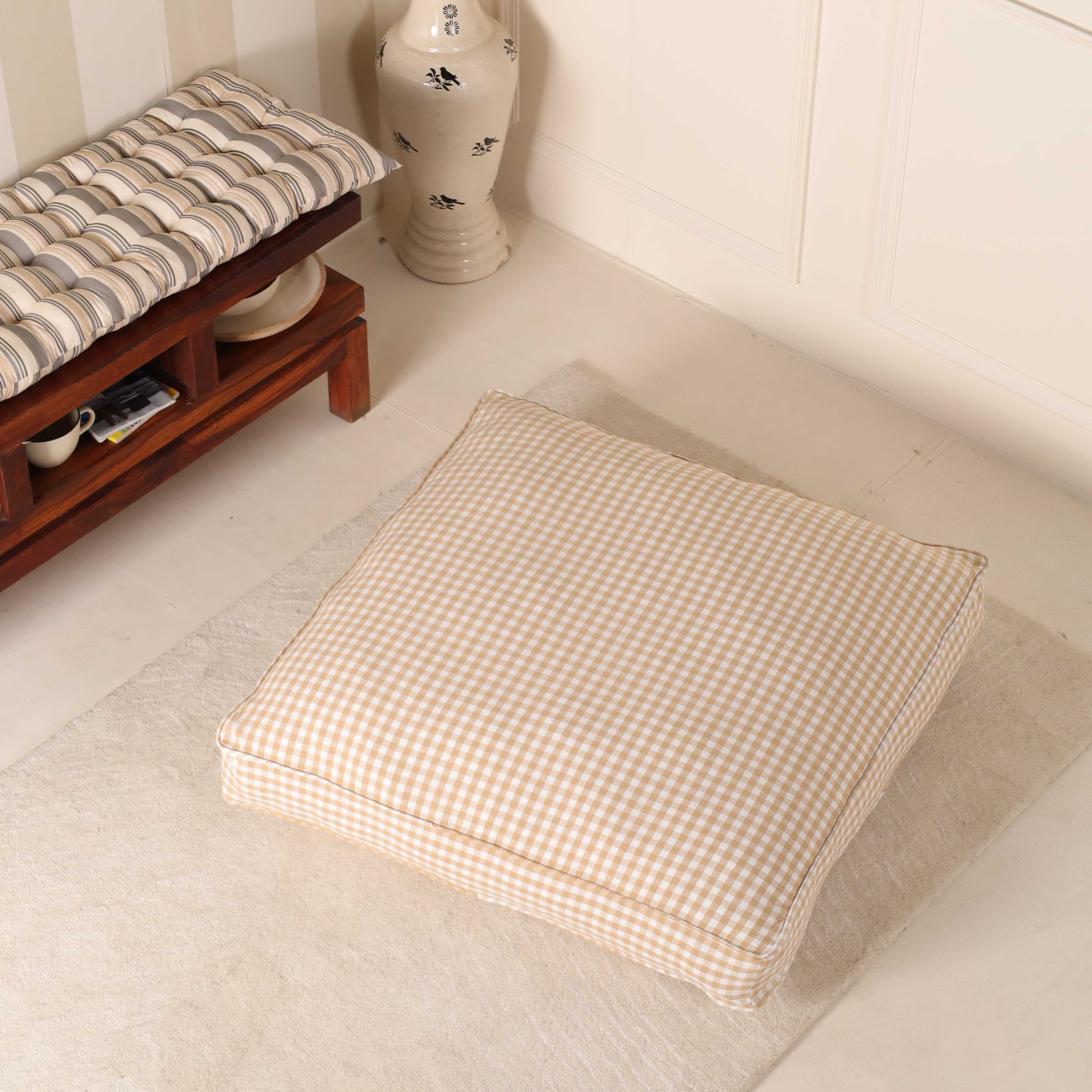 Honey Gingham Artisan Floor Cushion – Premium Boho Seating, Meditation & Yoga Pillow