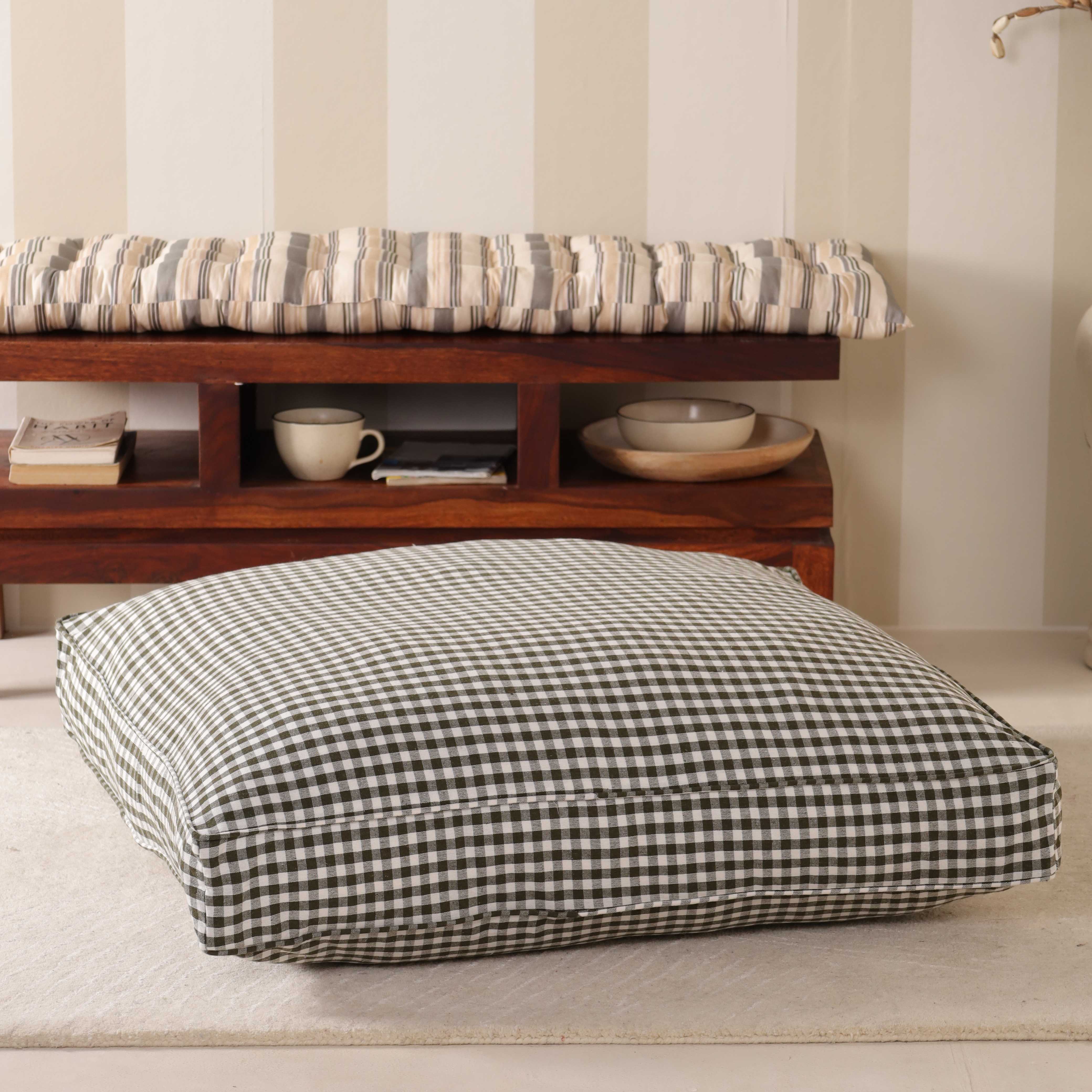 Sage Garden Gingham Oversized Floor Cushion – Premium Cotton Seating & Meditation Pillow