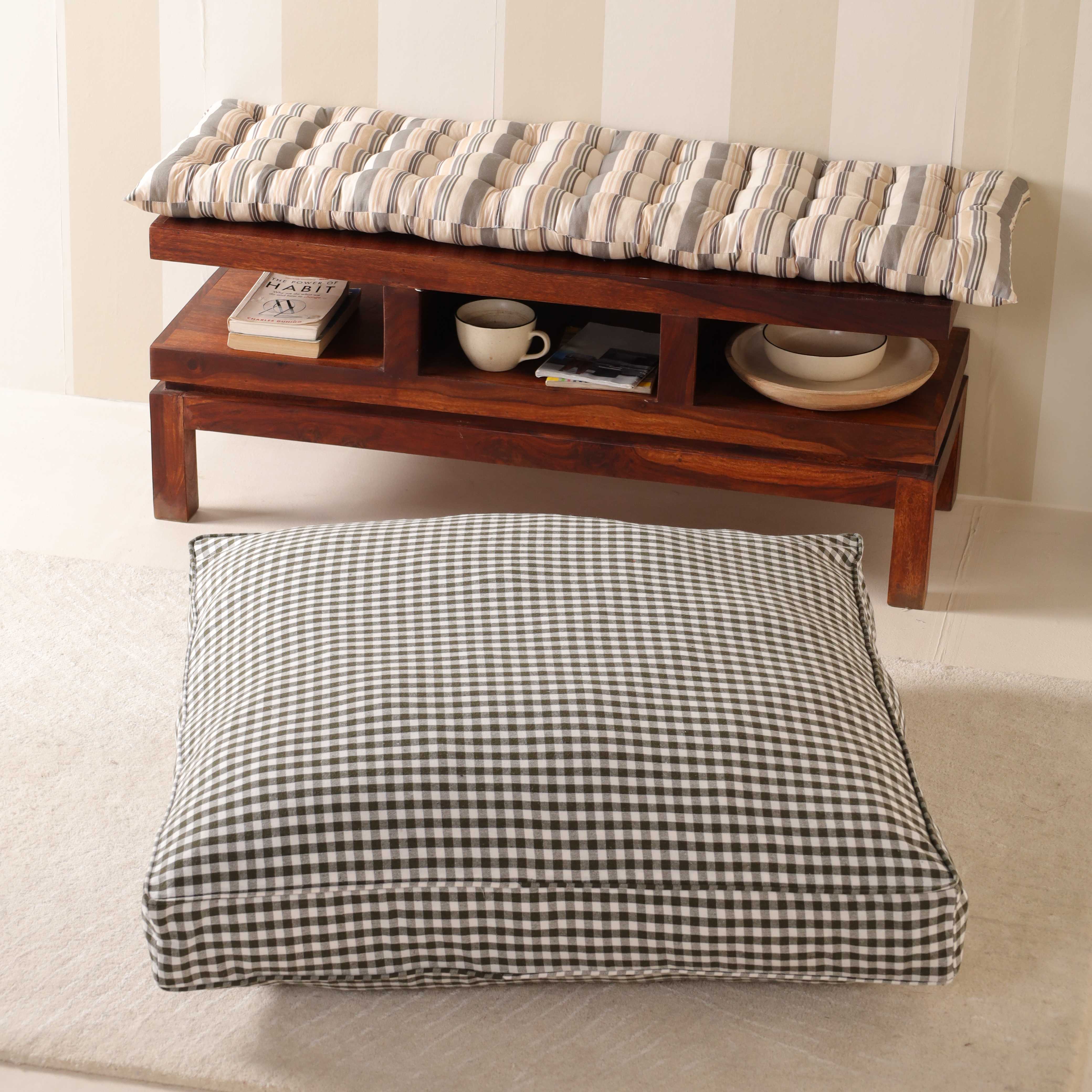 Sage Garden Gingham Oversized Floor Cushion – Premium Cotton Seating & Meditation Pillow
