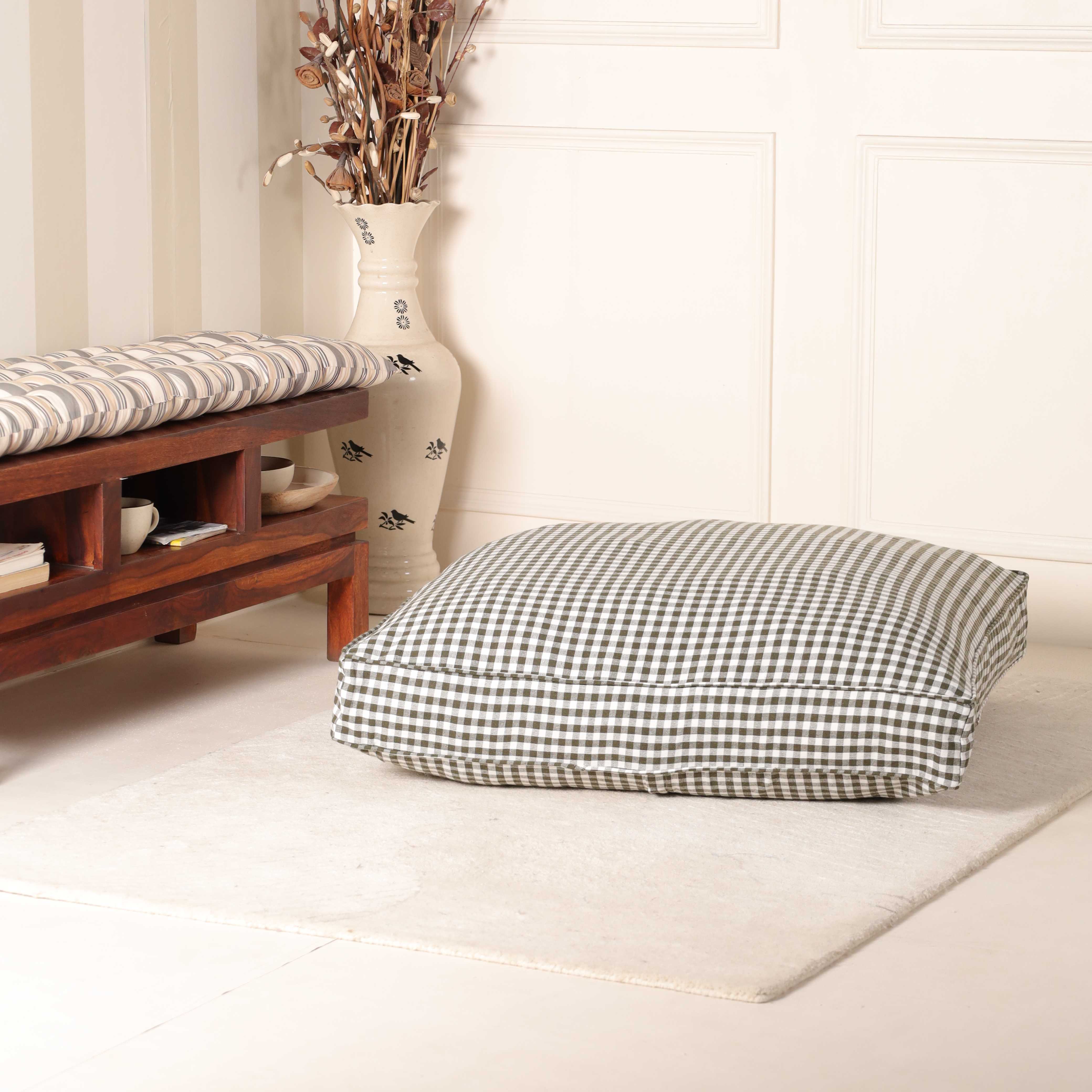 Sage Garden Gingham Oversized Floor Cushion – Premium Cotton Seating & Meditation Pillow