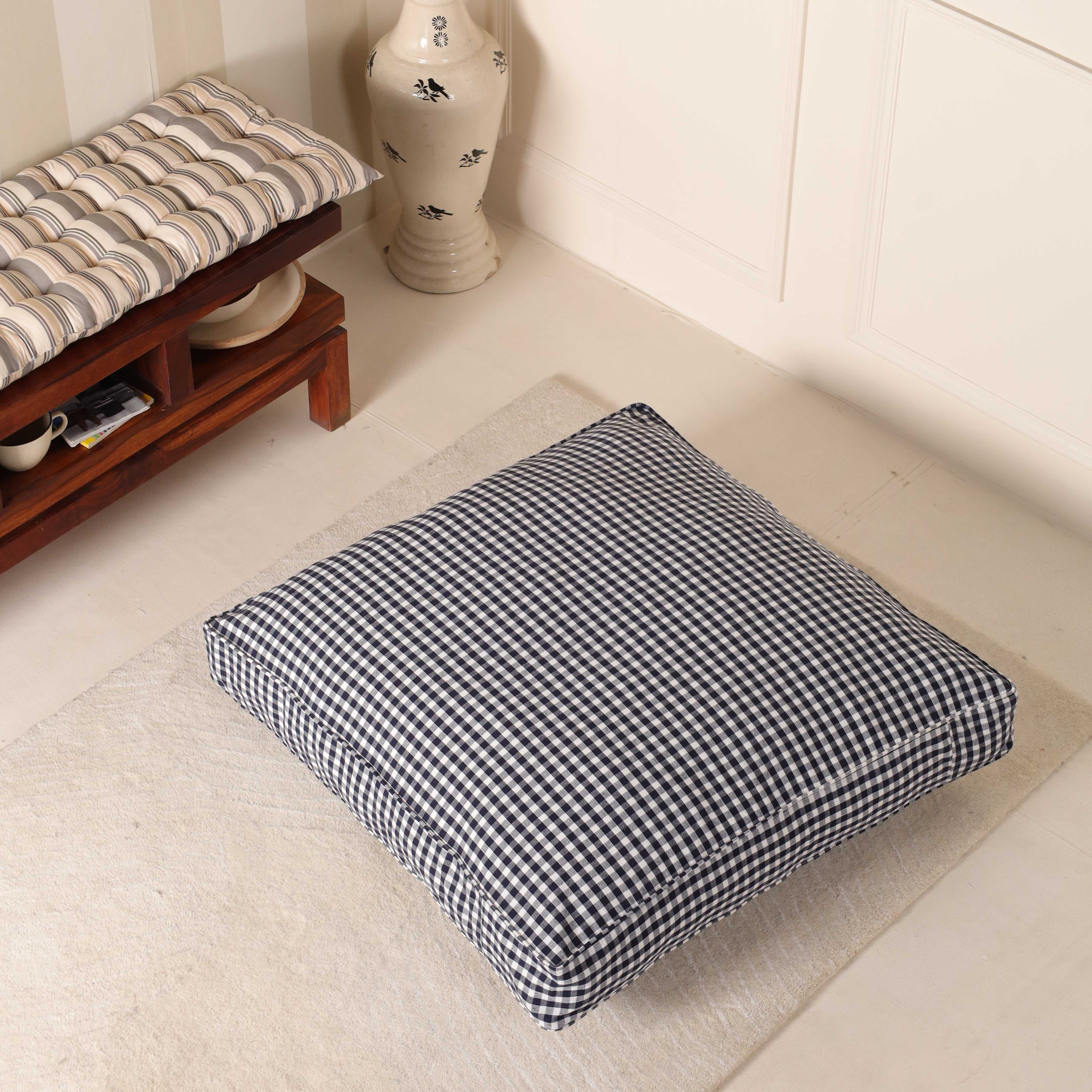 Midnight Gingham Artisan Floor Cushion – Premium Cotton Boho Seating & Meditation Pillow