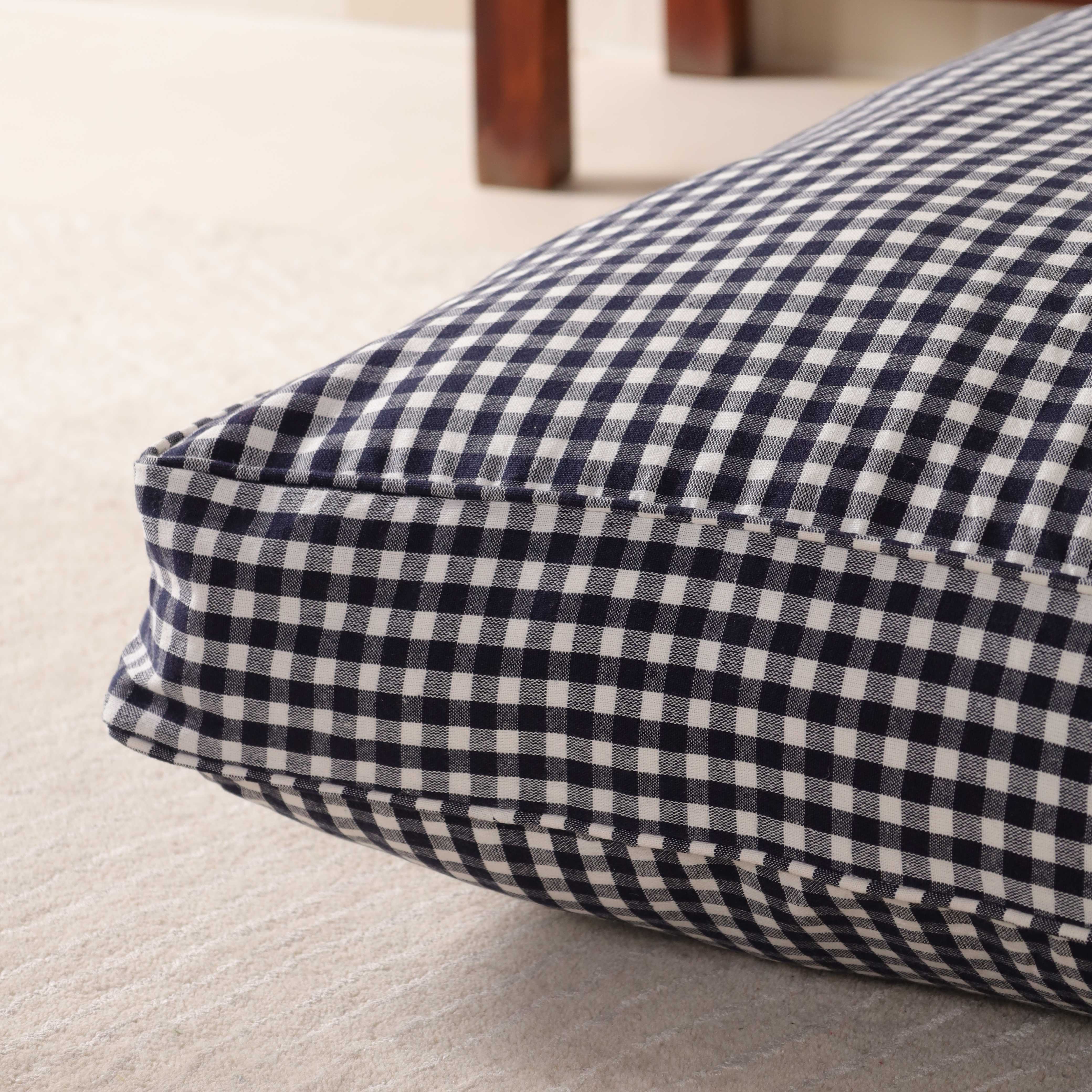 Midnight Gingham Artisan Floor Cushion – Premium Cotton Boho Seating & Meditation Pillow