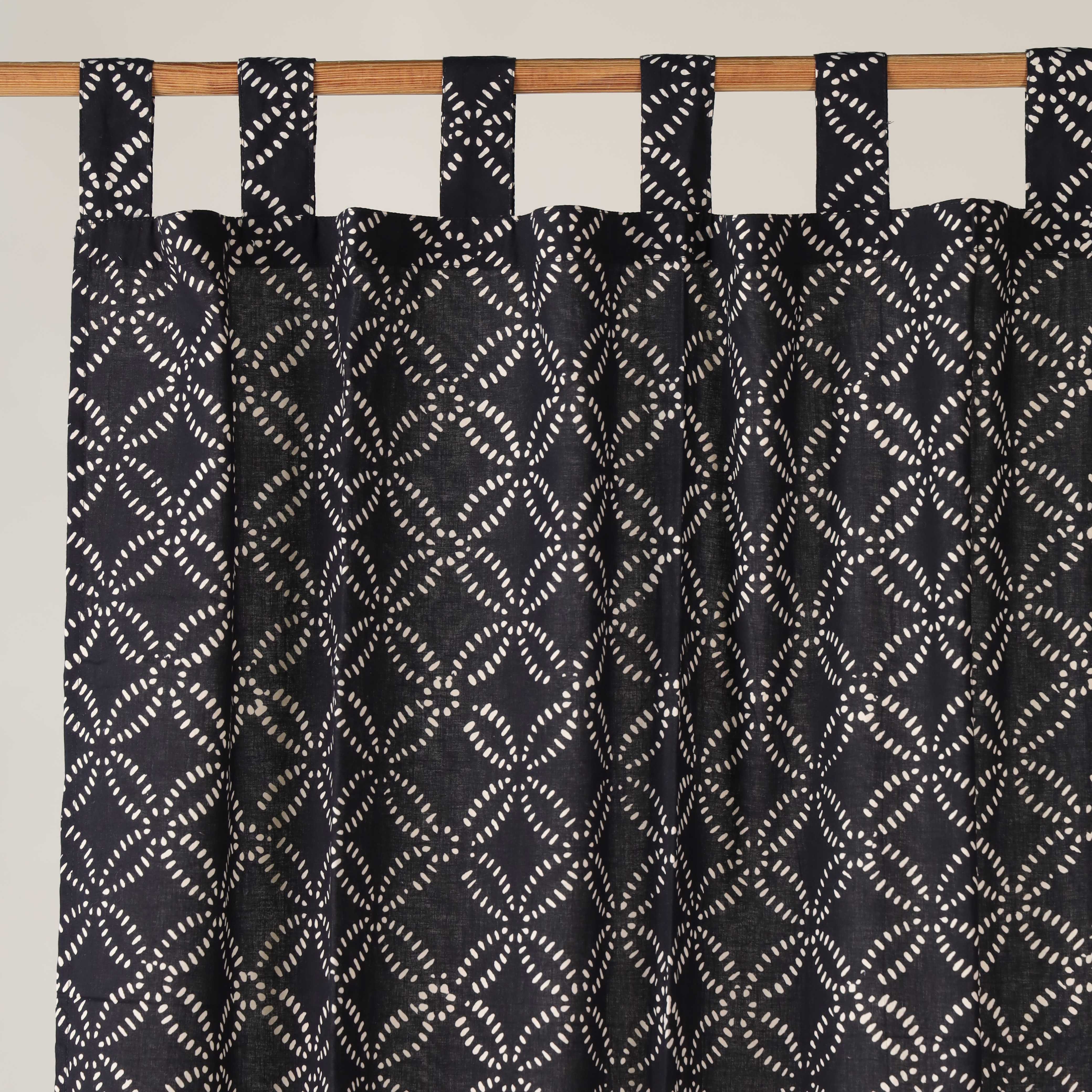 Midnight Charcoal Geo-Leaf Cotton Curtain – Artisanal Single Panel