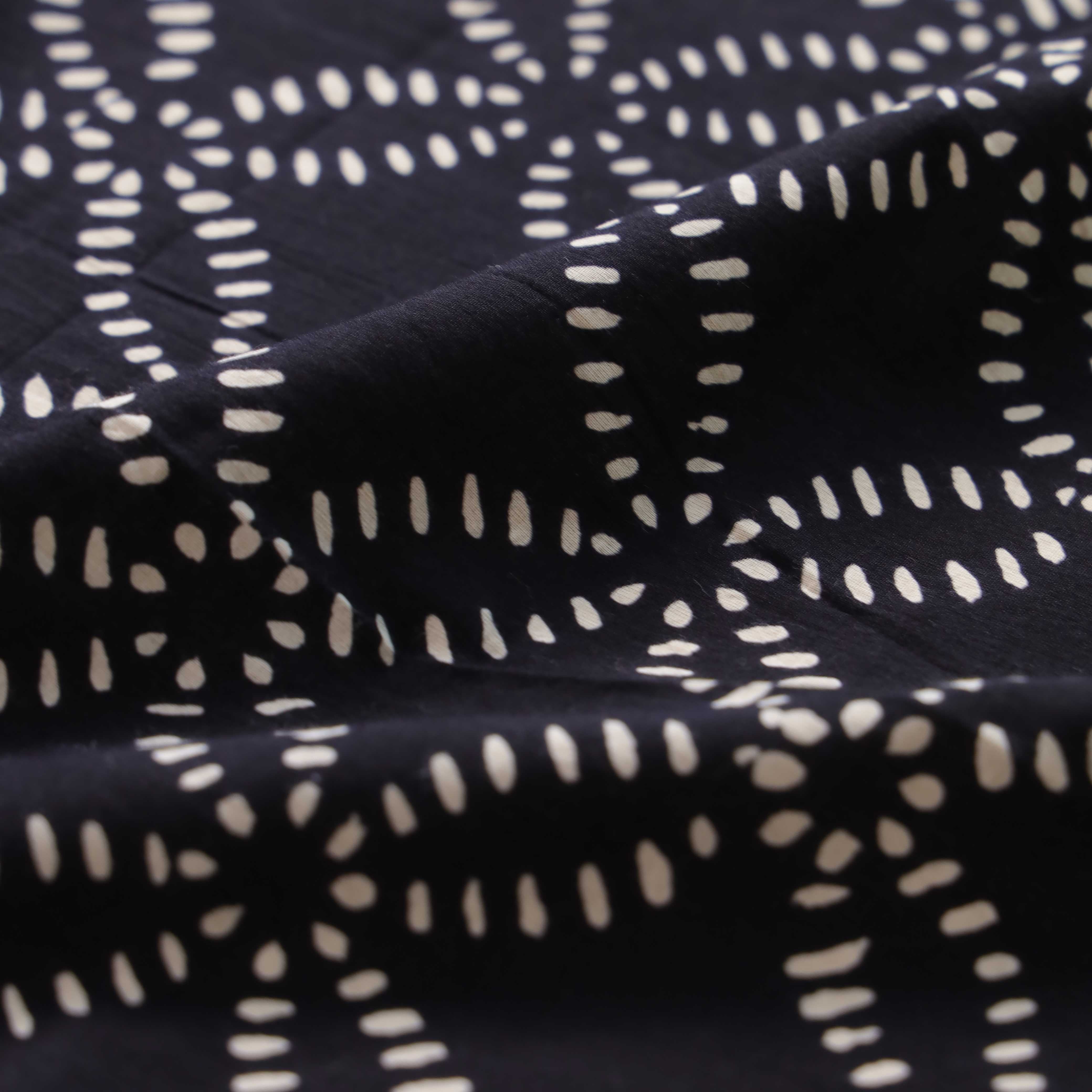 Midnight Charcoal Geo-Leaf Cotton Curtain – Artisanal Single Panel