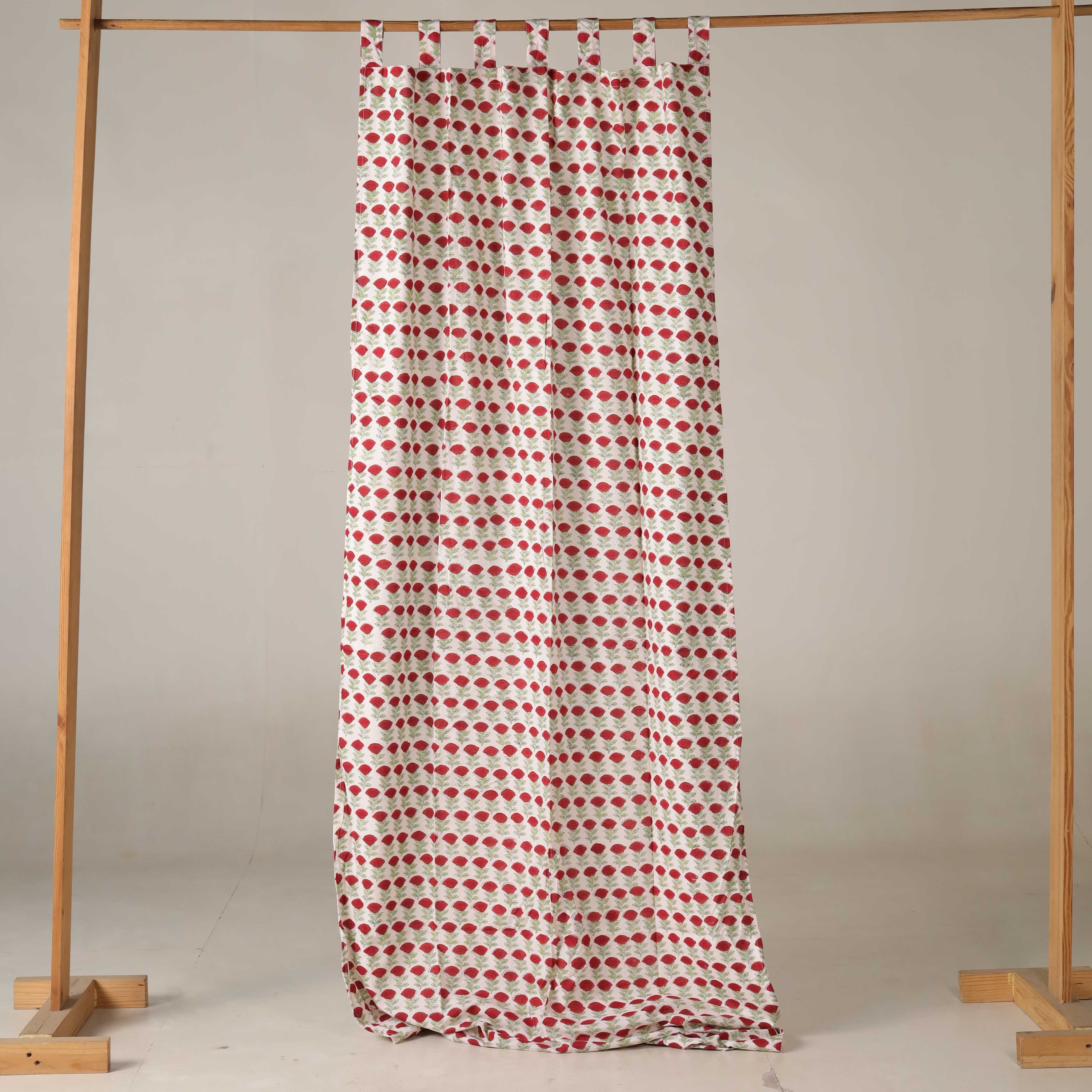 Red Floral Printed 100% Cotton Curtain - Single Panel Boho Farmhouse Drapes