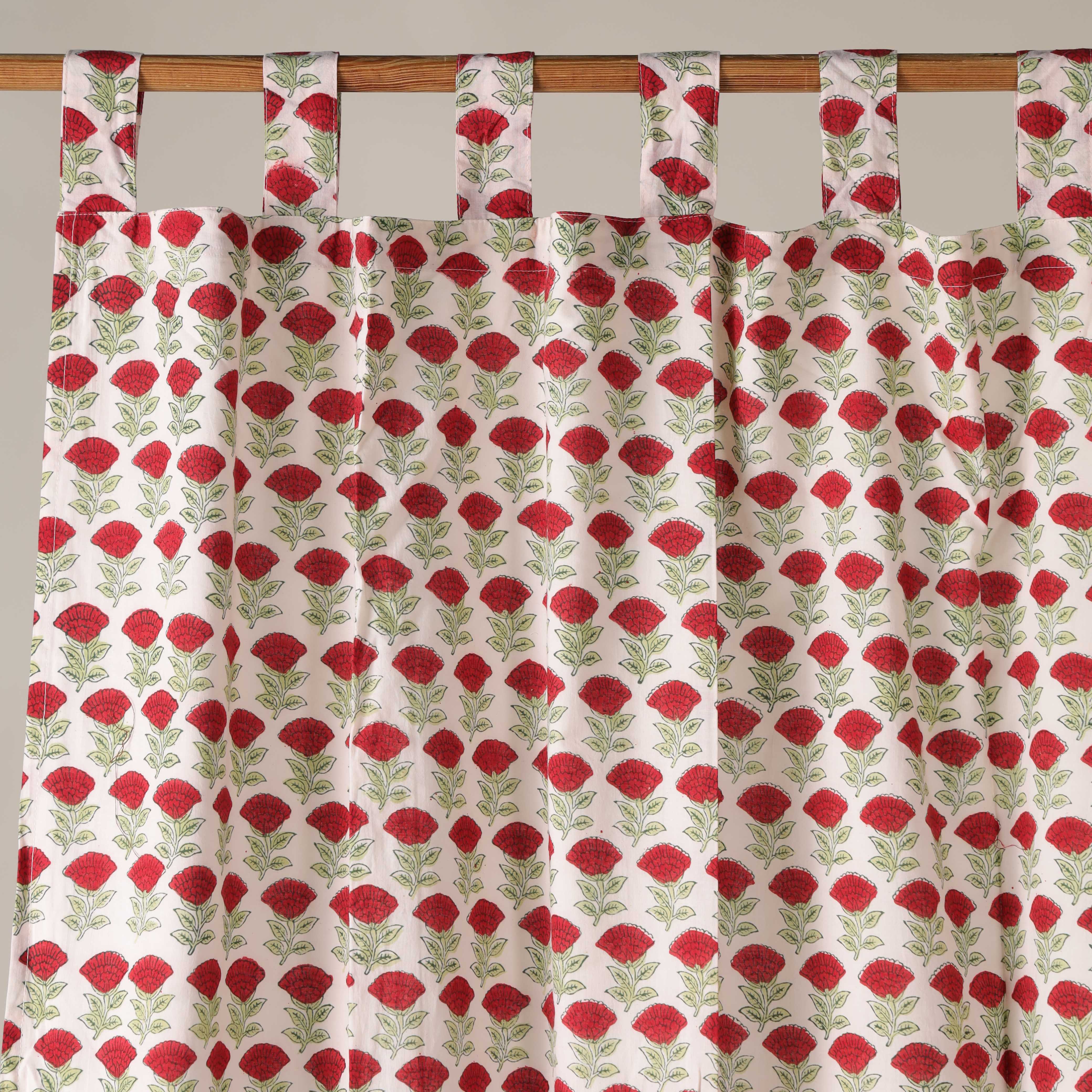 Red Floral Printed 100% Cotton Curtain - Single Panel Boho Farmhouse Drapes
