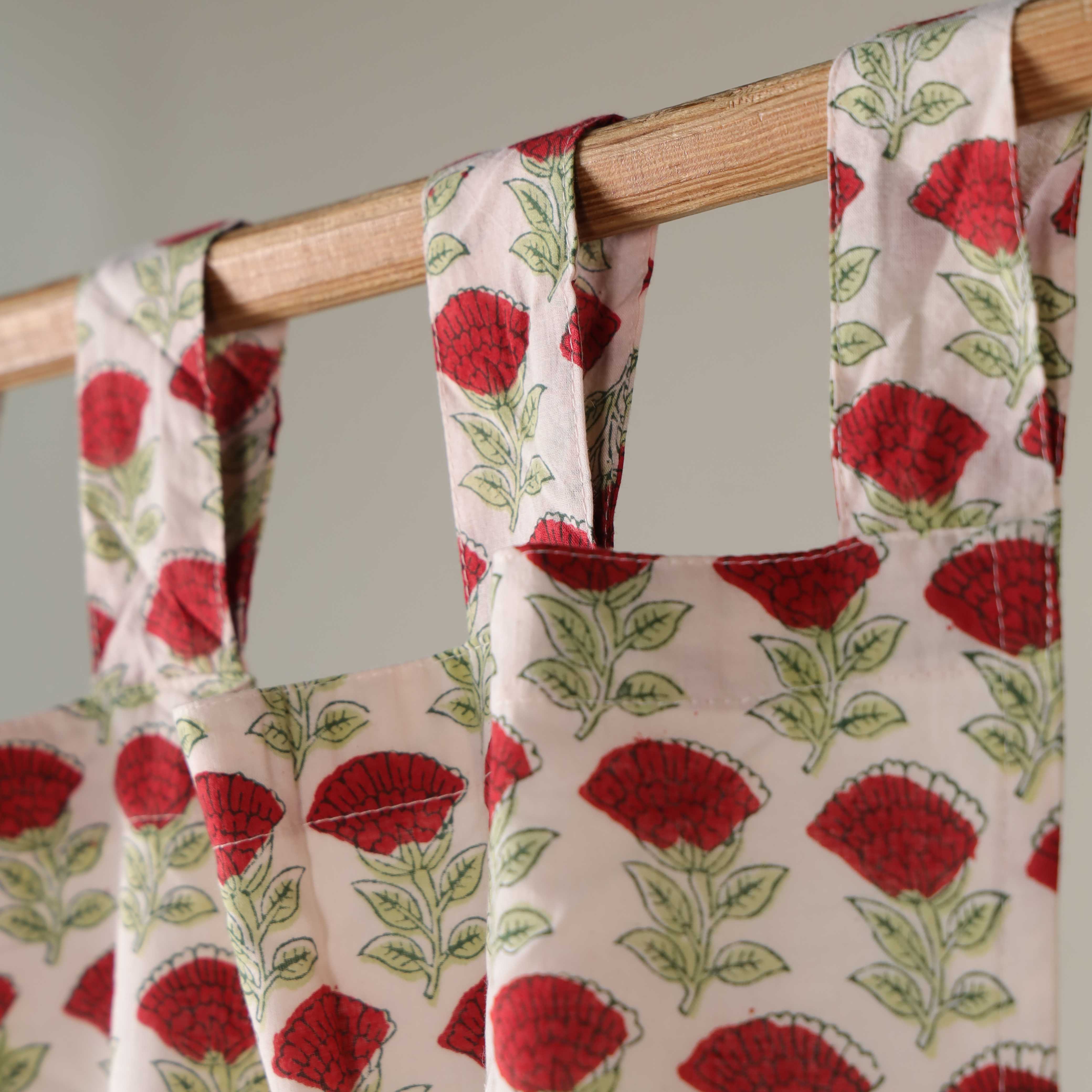 Red Floral Printed 100% Cotton Curtain - Single Panel Boho Farmhouse Drapes