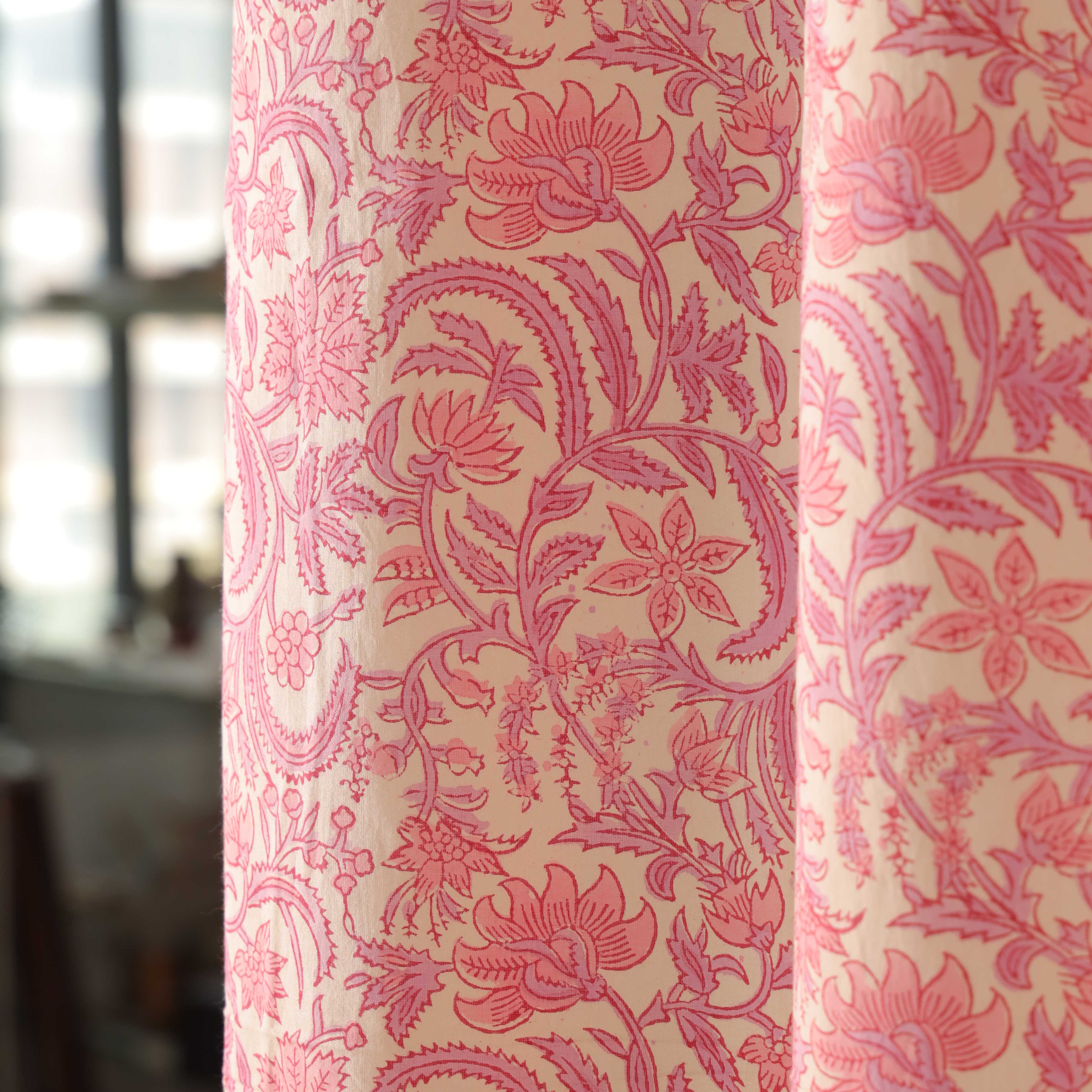 Premium 100% Cotton Pink Floral Damask Curtain - Elegant Boho Farmhouse Single Panel