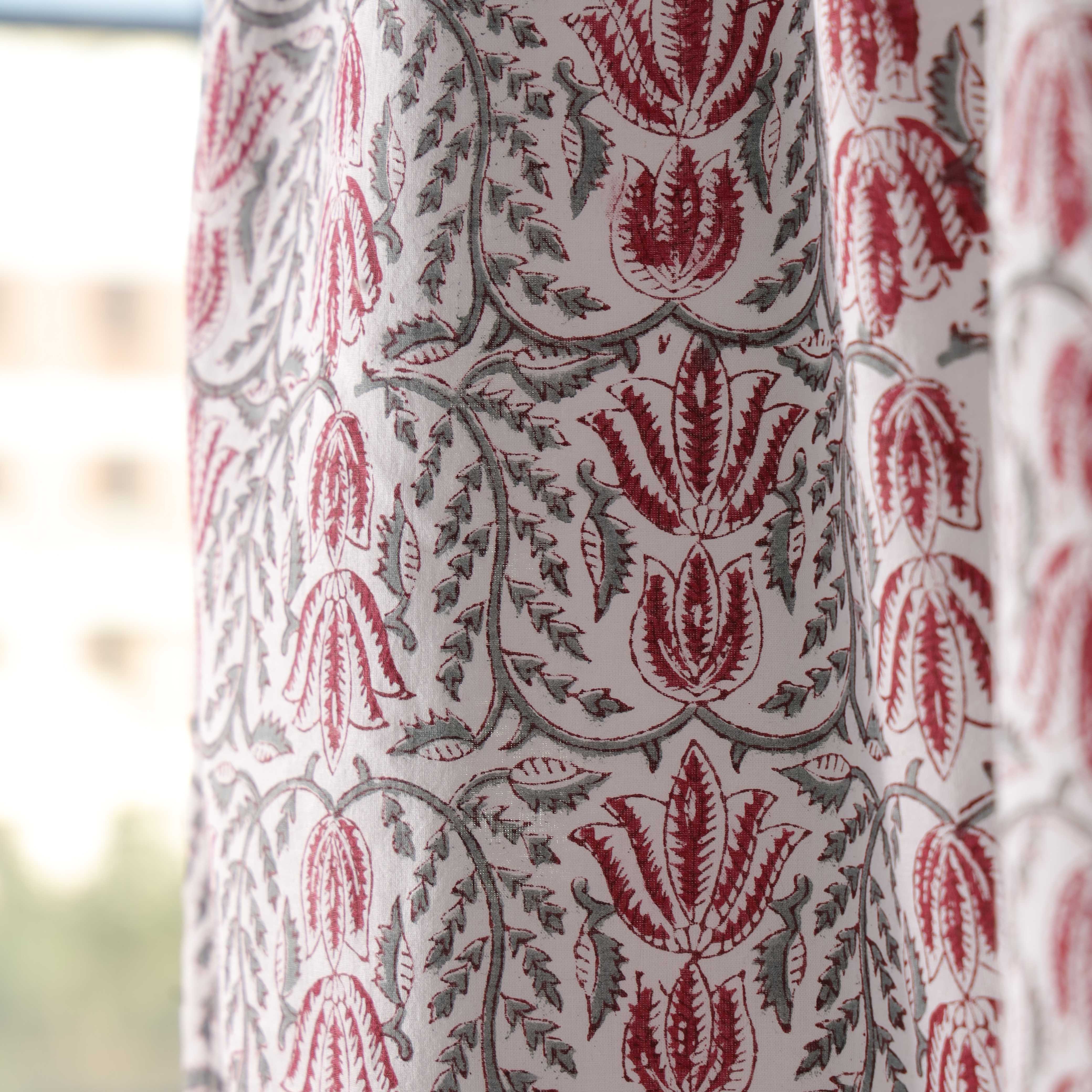Bohemian Floral Block Print Cotton Curtain – Handcrafted Single Panel Drapery