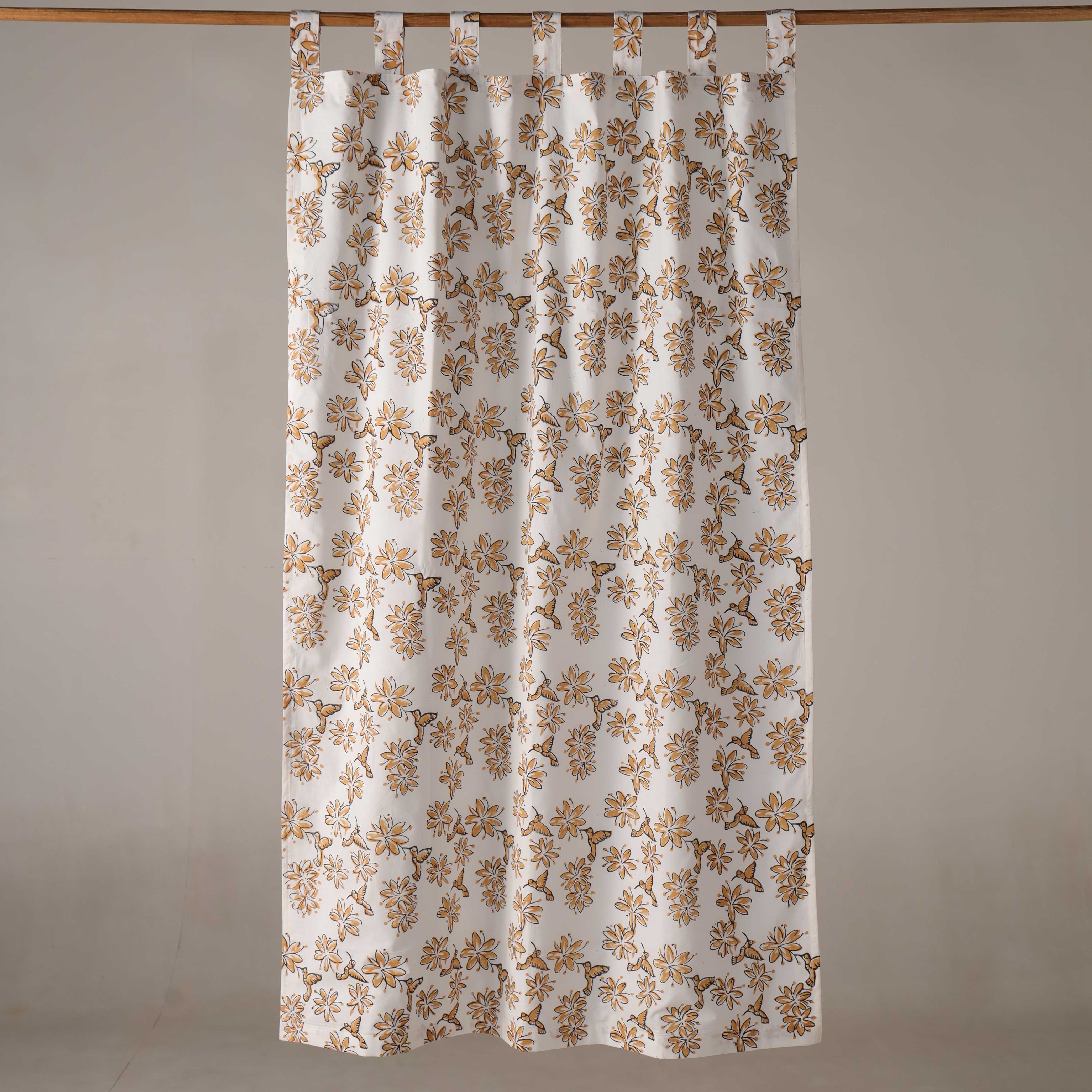 Golden Hummingbird & Floral Cotton Curtain – Handcrafted Single Panel