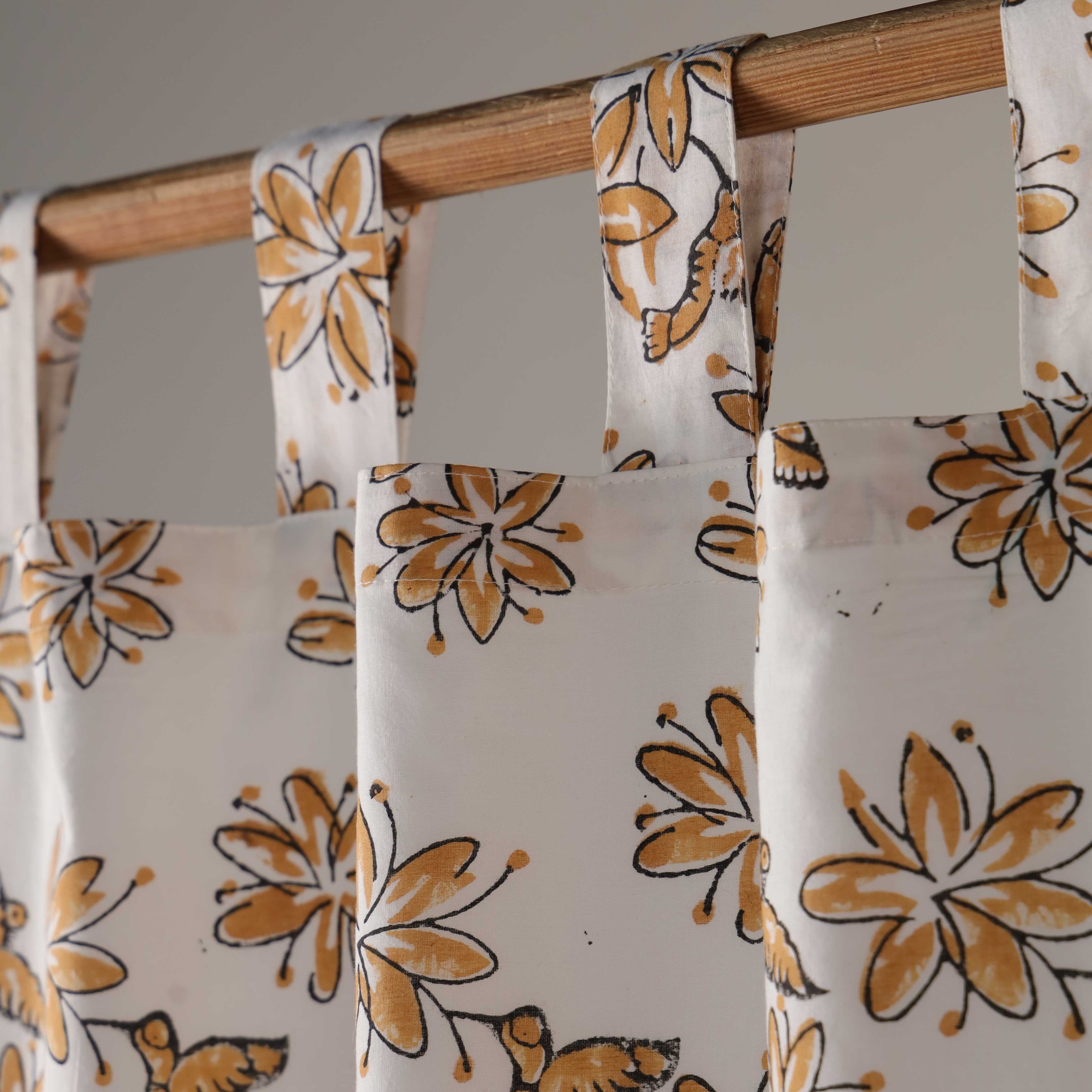 Golden Hummingbird & Floral Cotton Curtain – Handcrafted Single Panel