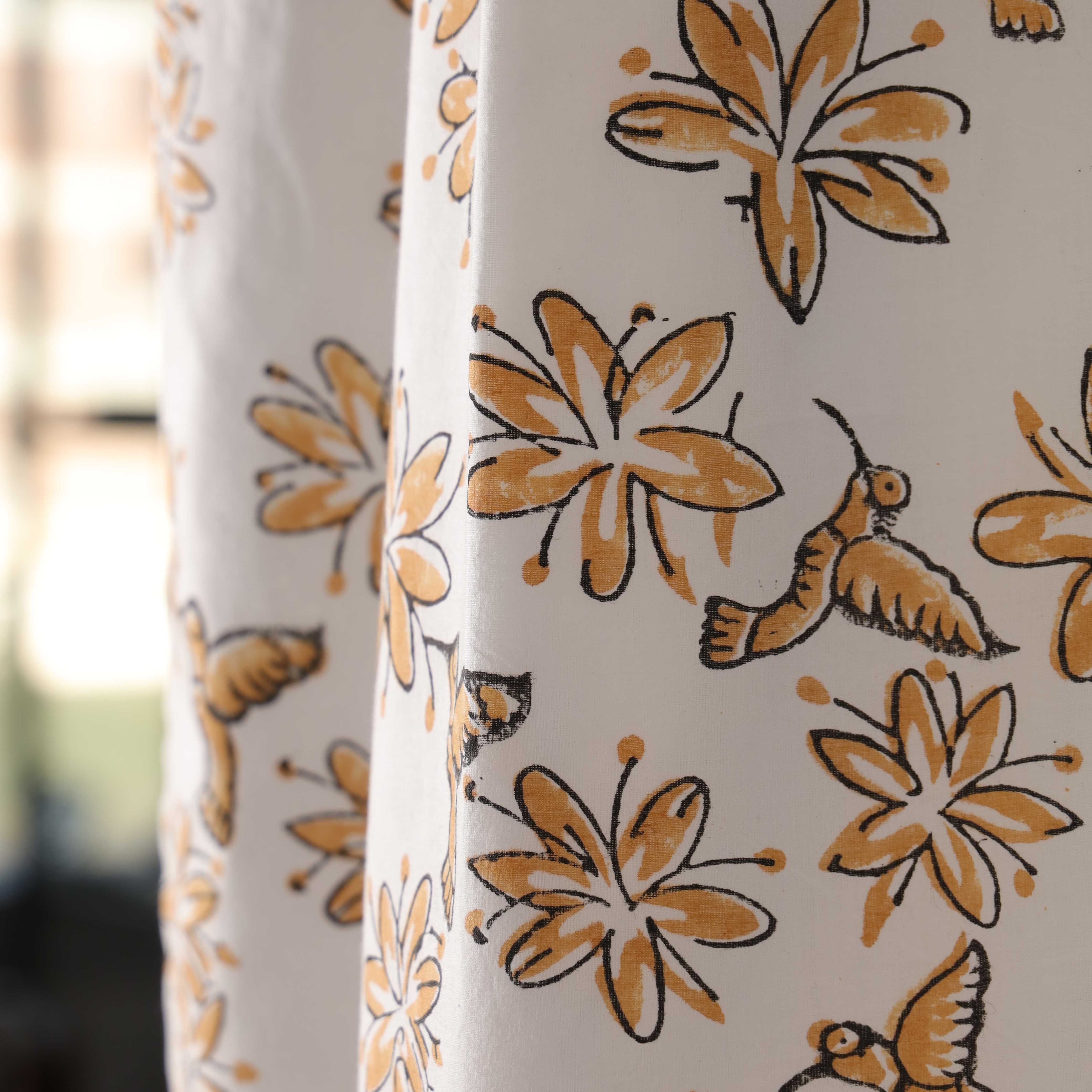 Golden Hummingbird & Floral Cotton Curtain – Handcrafted Single Panel