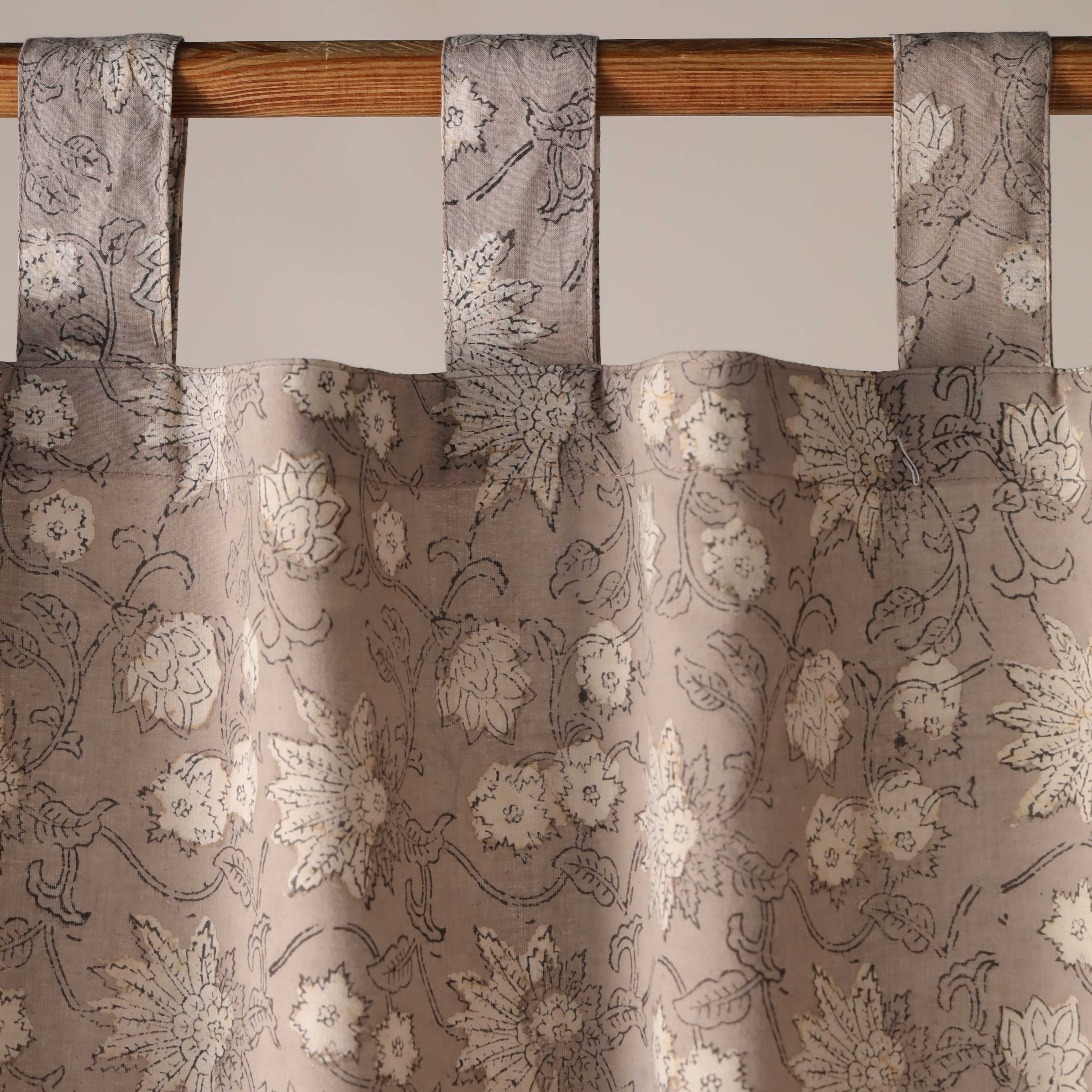 Earthy Taupe Wildflower Cotton Curtain – Single Panel Tab Top Window Drapery