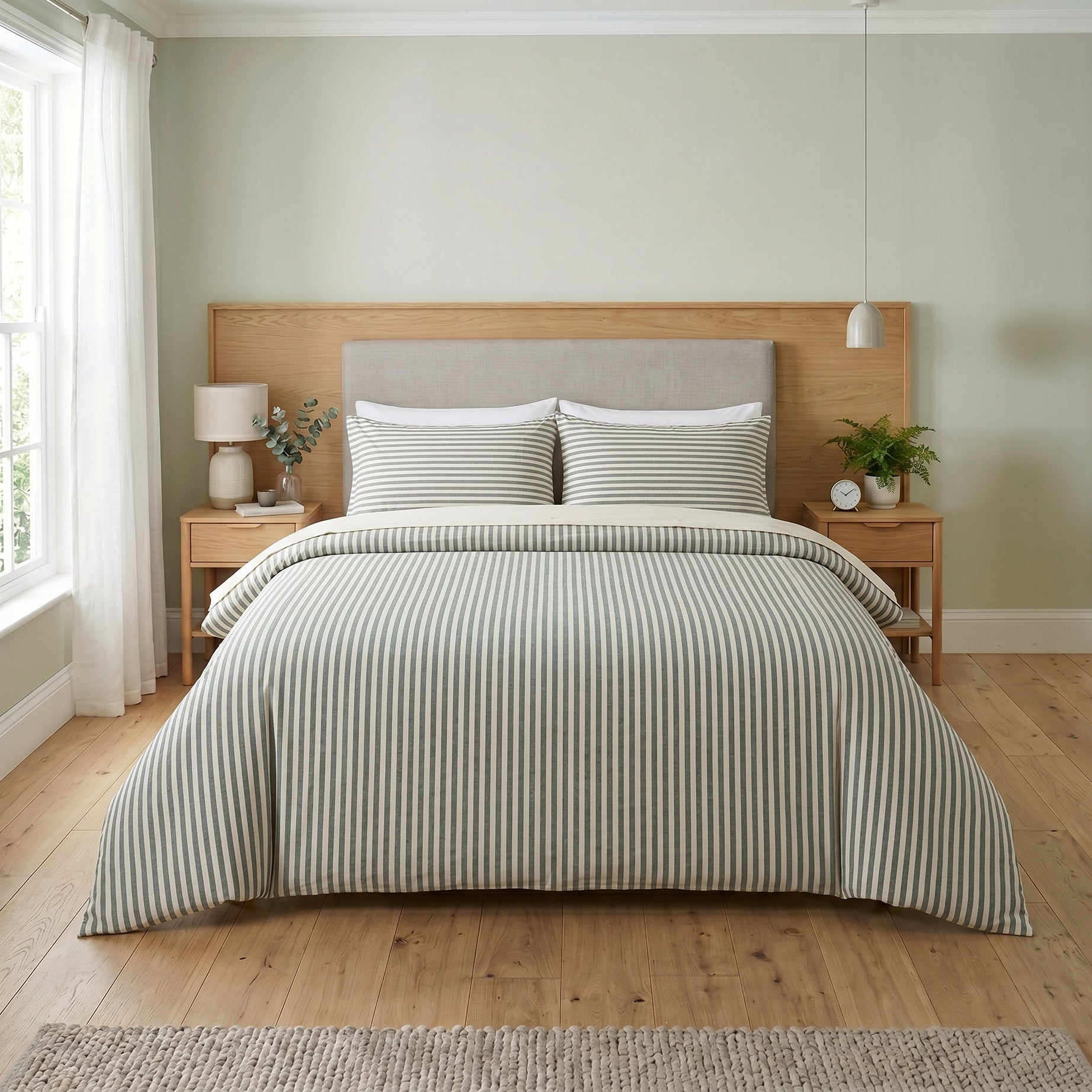 Sage Green Striped Cotton Bedding Set - Boho Duvet Cover & Shams