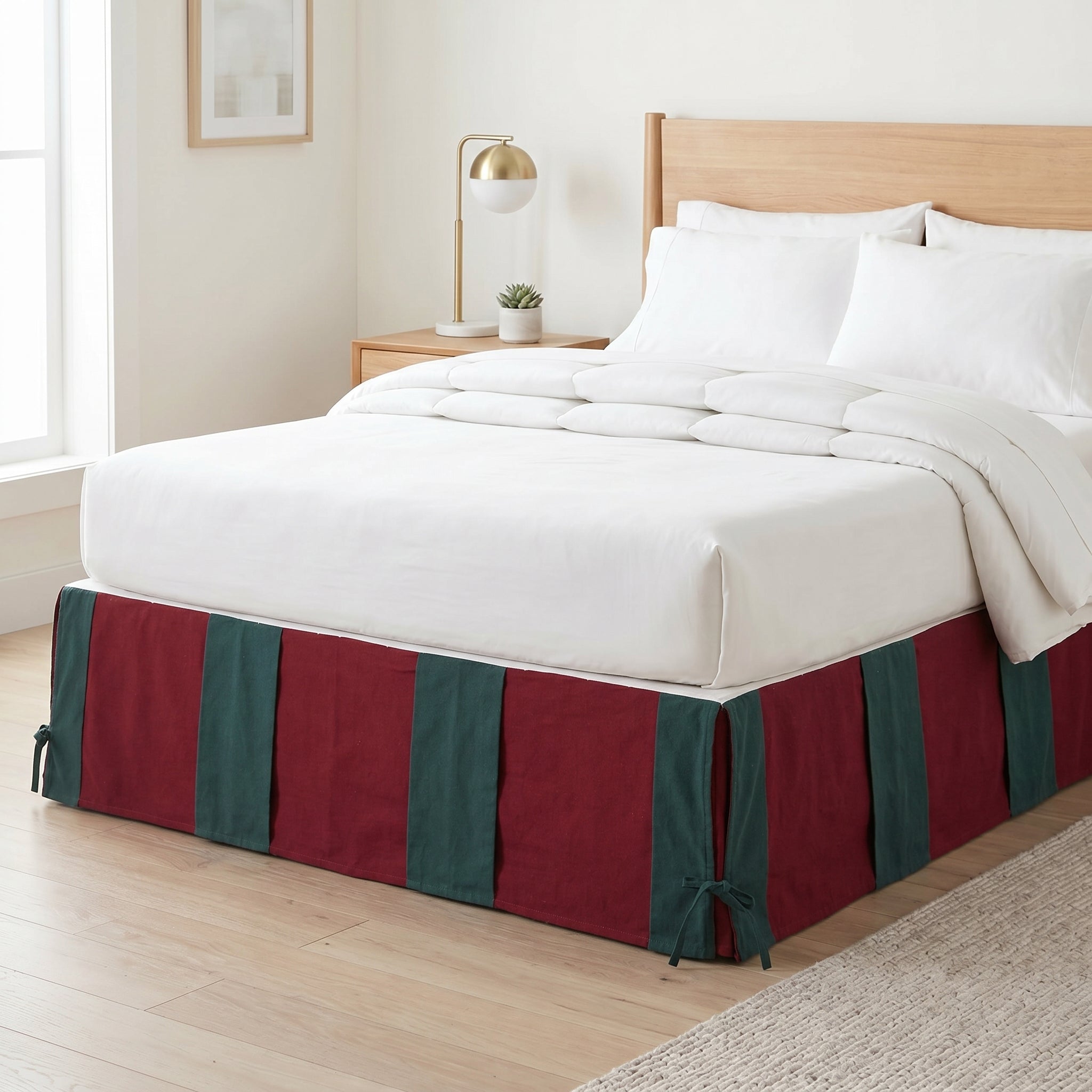 Minimalist Windowpane Checked Tailored Bed Skirt – Split Corner Bed Valance with Side Ties