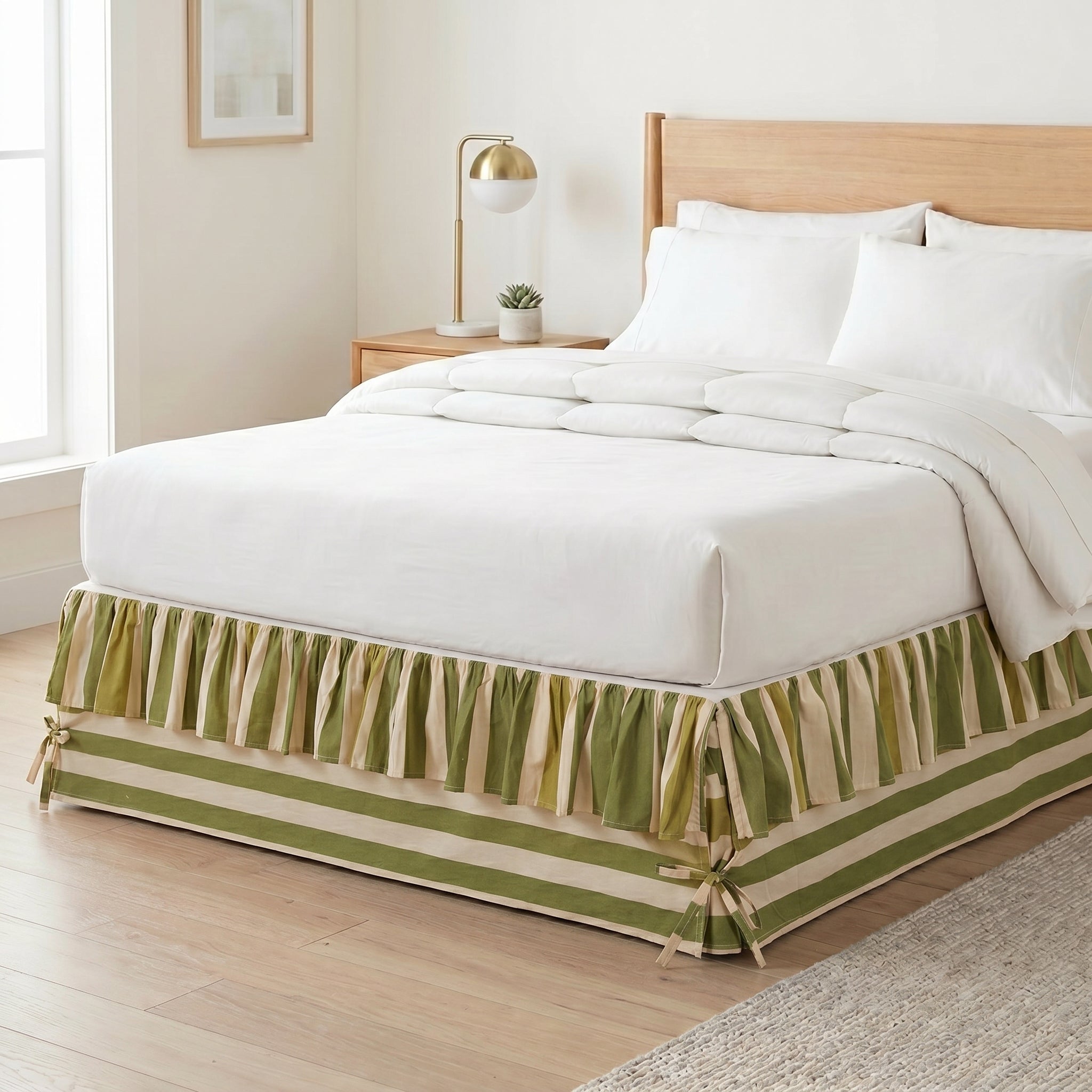Minimalist Charcoal Pinstripe Tailored Bed Skirt – Clean Line Split Corner Bed Valance with Side Ties
