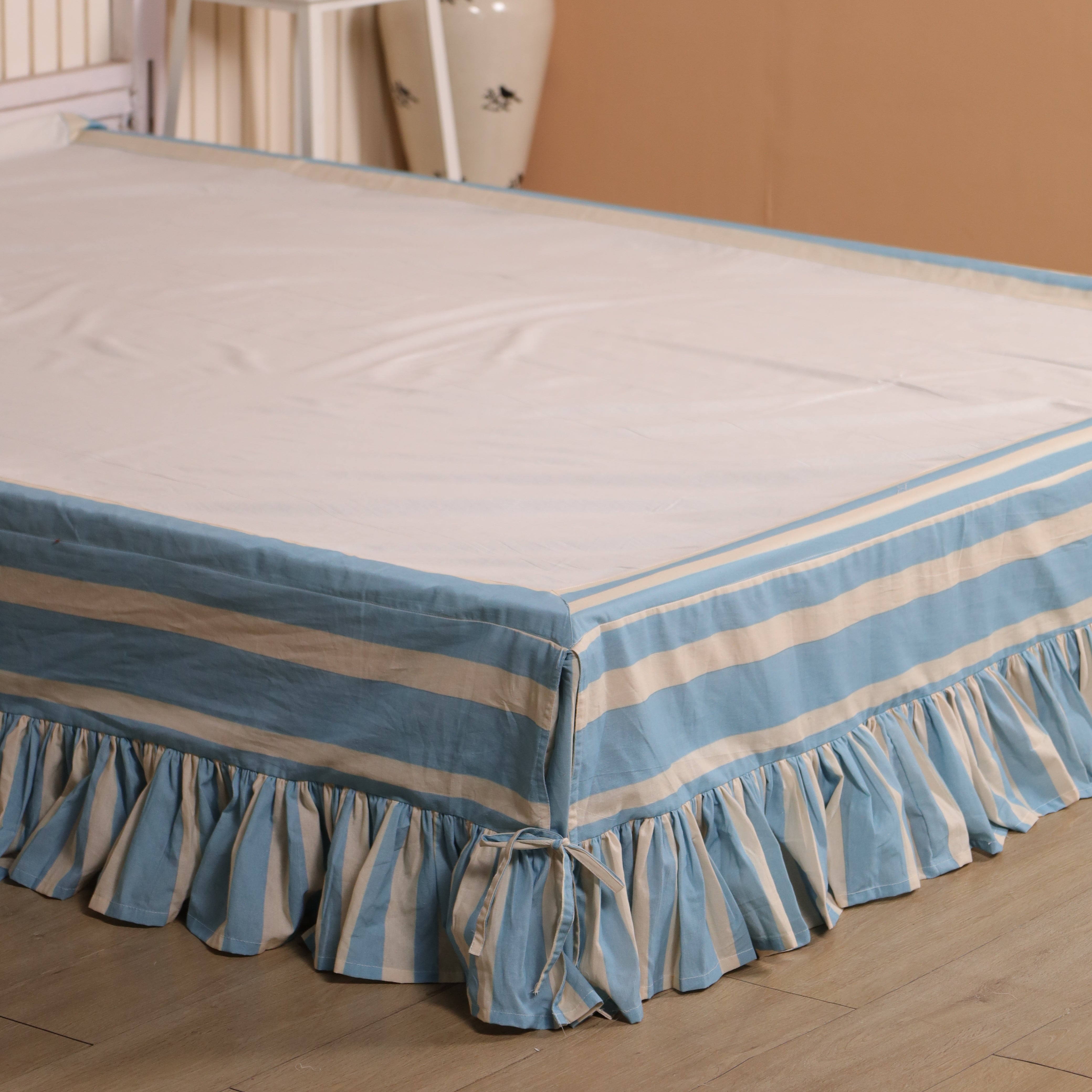 Serene Coastal Sky Blue Striped Bed Skirt – Layered Tailored Valance with Gathered Ruffle Trim