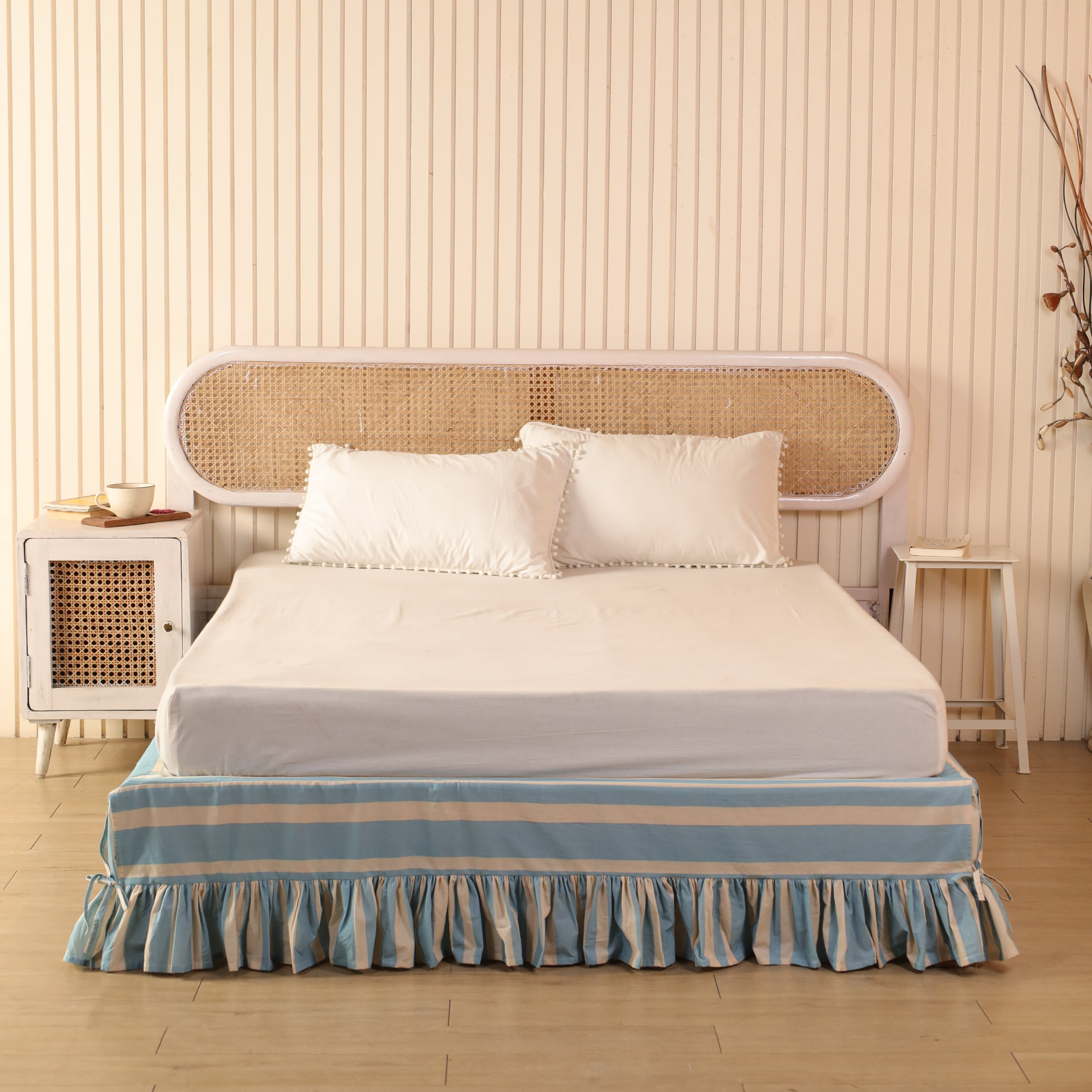 Serene Coastal Sky Blue Striped Bed Skirt – Layered Tailored Valance with Gathered Ruffle Trim