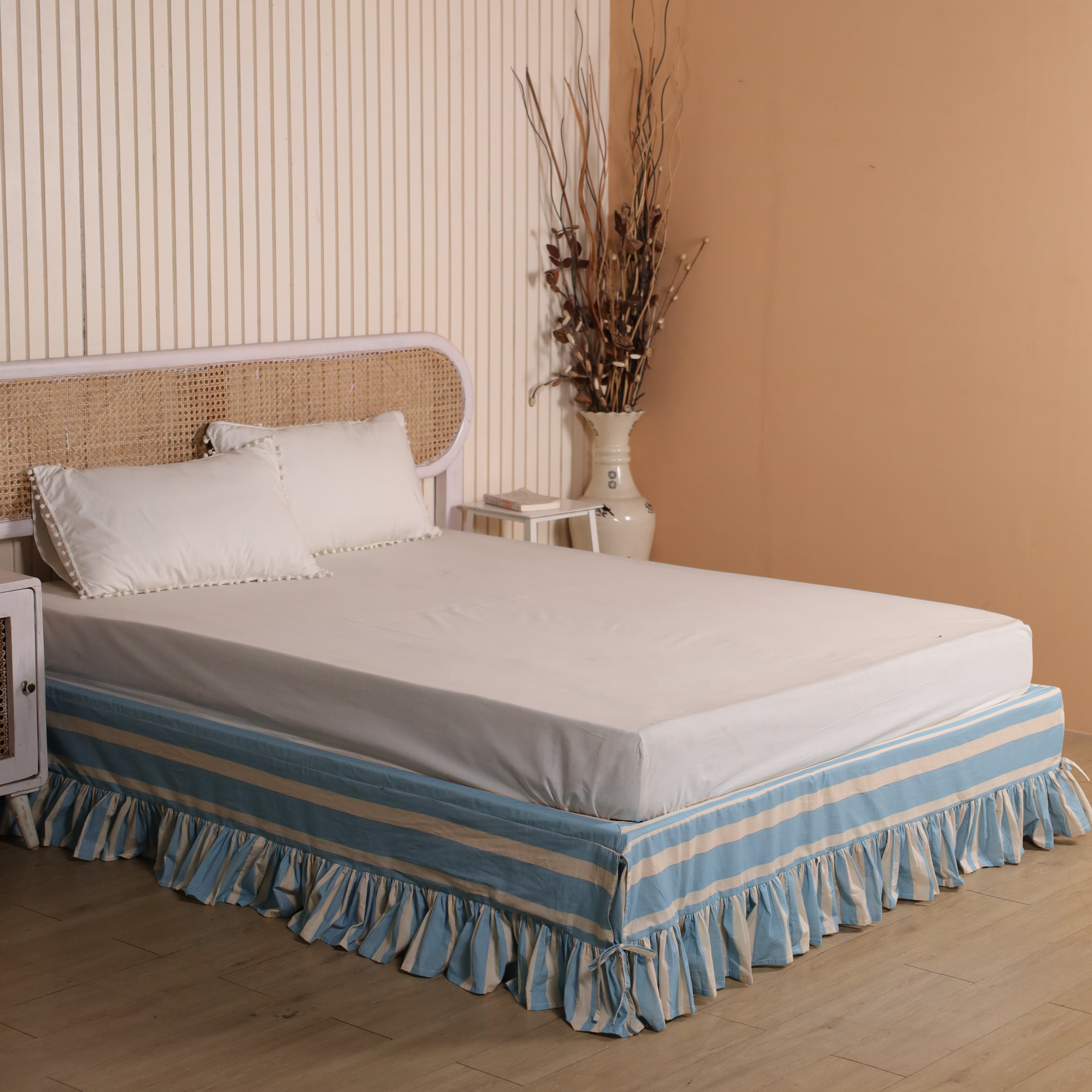 Serene Coastal Sky Blue Striped Bed Skirt – Layered Tailored Valance with Gathered Ruffle Trim