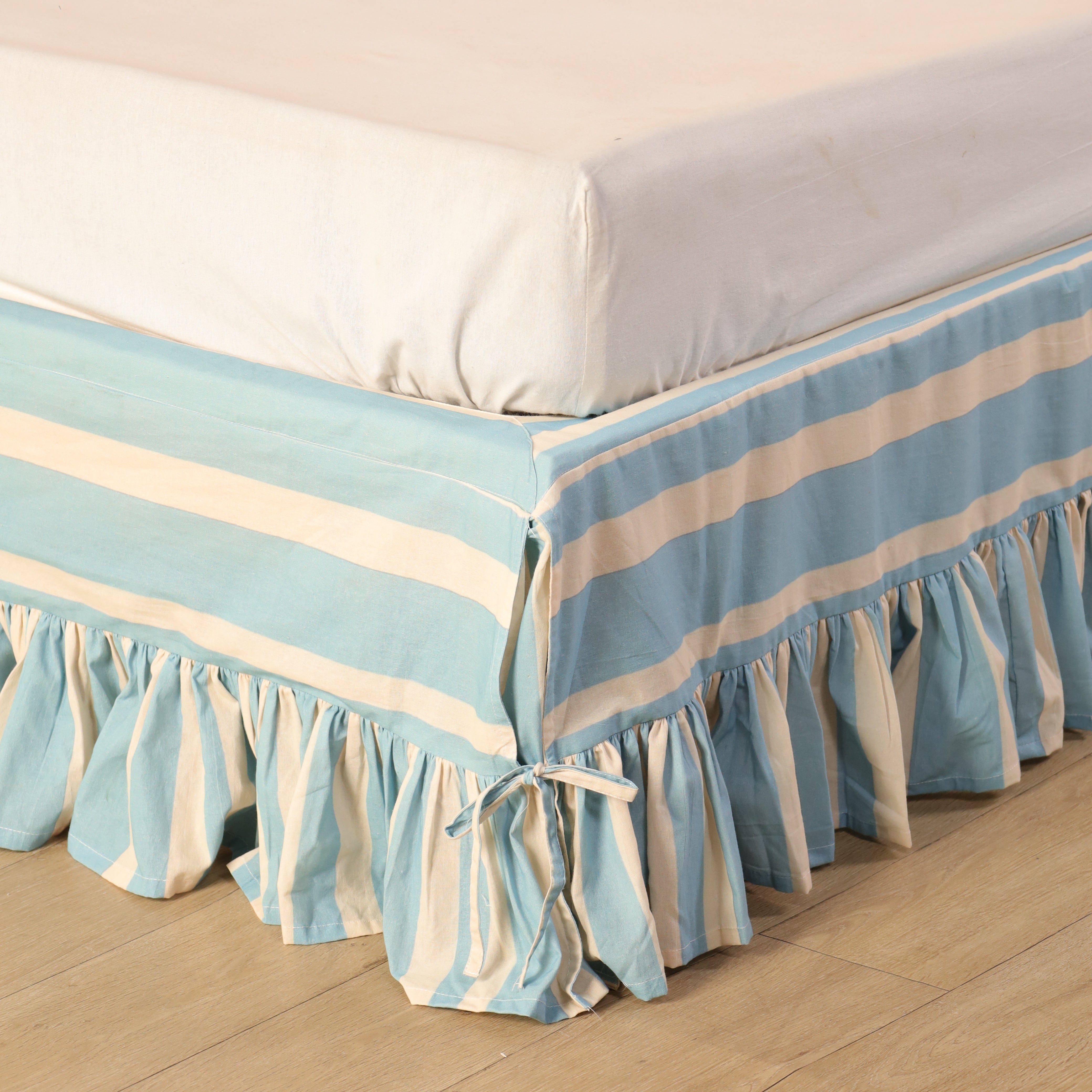 Serene Coastal Sky Blue Striped Bed Skirt – Layered Tailored Valance with Gathered Ruffle Trim