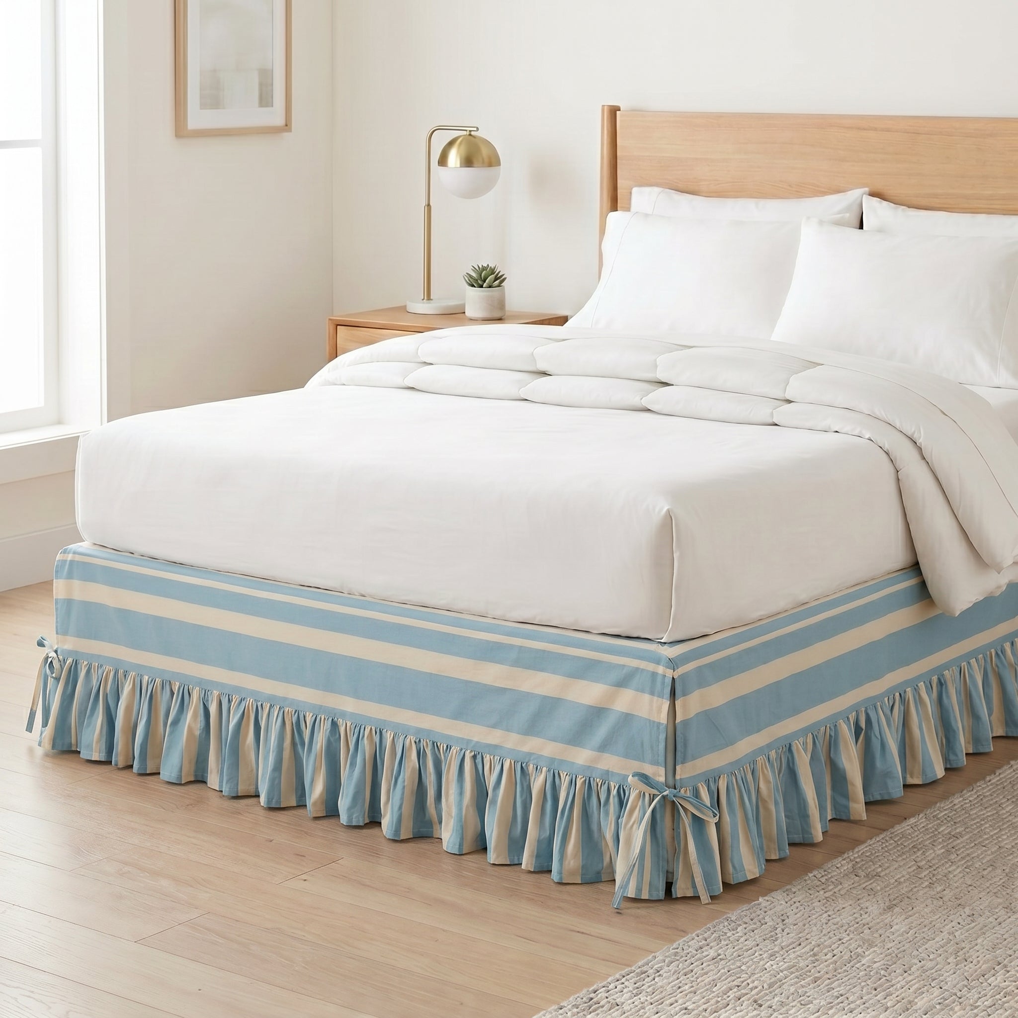 Serene Coastal Sky Blue Striped Bed Skirt – Layered Tailored Valance with Gathered Ruffle Trim