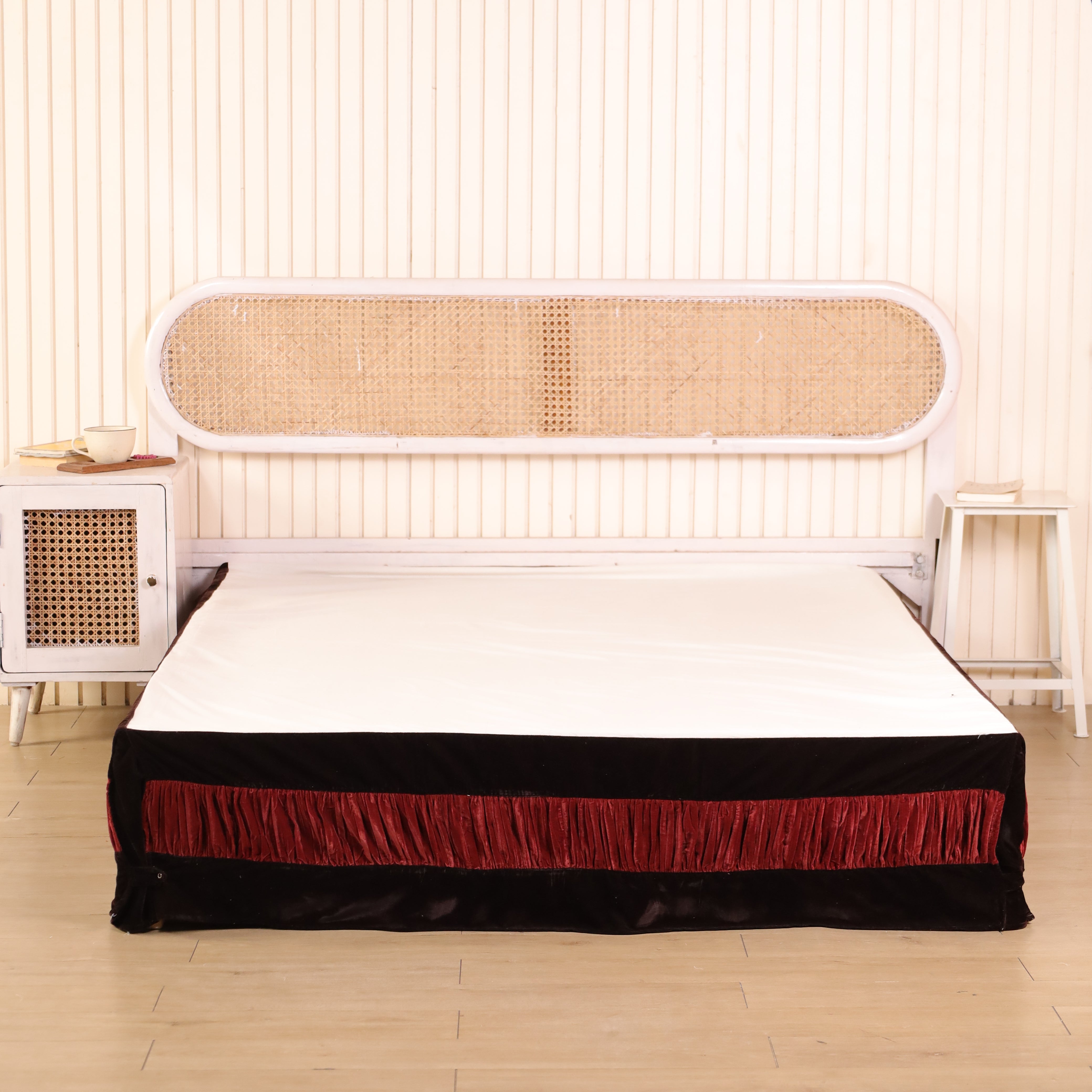 Imperial Regal Layered Velvet Bed Skirt – Luxury Crimson & Espresso Tailored Bed Valance