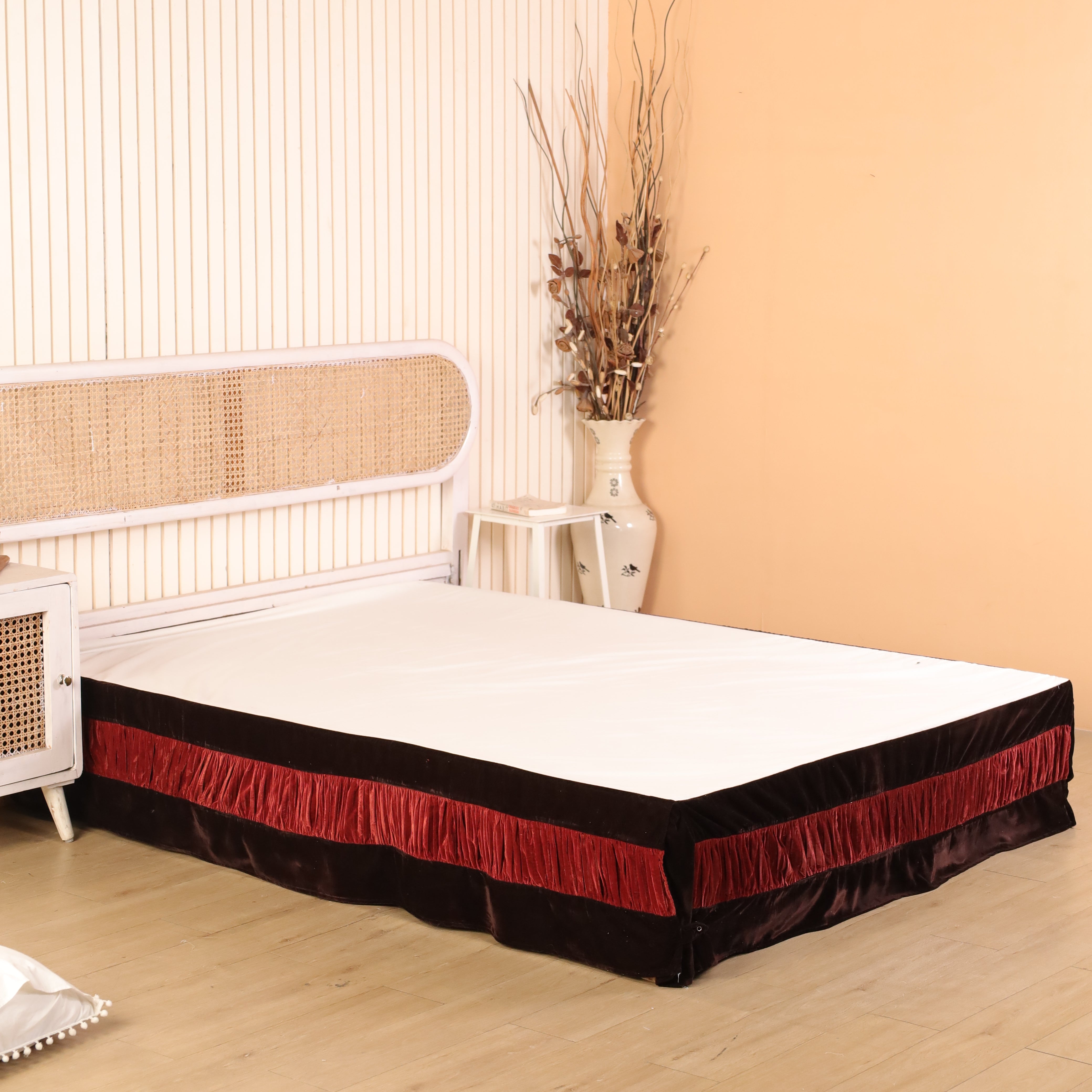 Imperial Regal Layered Velvet Bed Skirt – Luxury Crimson & Espresso Tailored Bed Valance