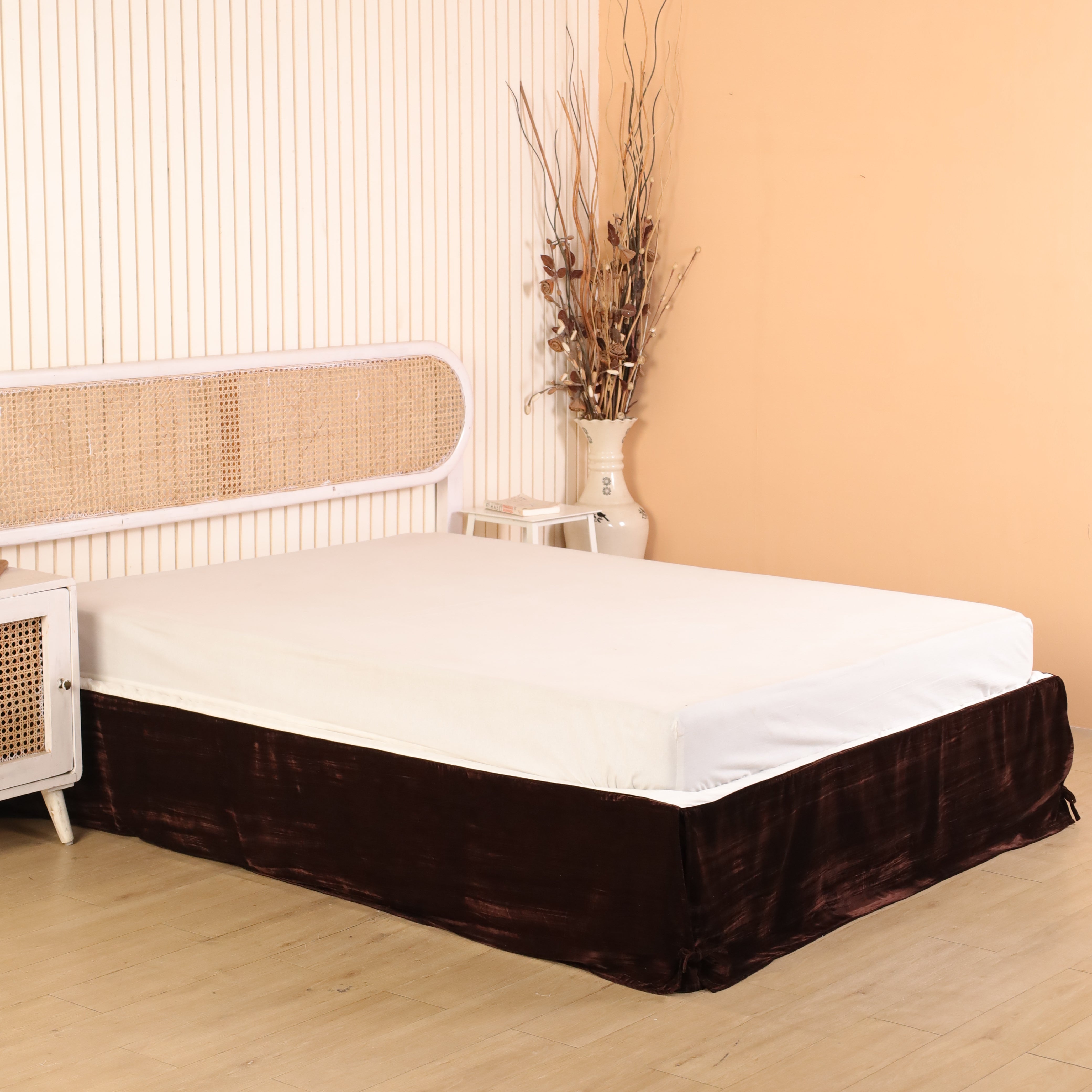 Imperial Solid Velvet Tailored Bed Skirt – Luxury Espresso Brown Split Corner Bed Valance with Ties