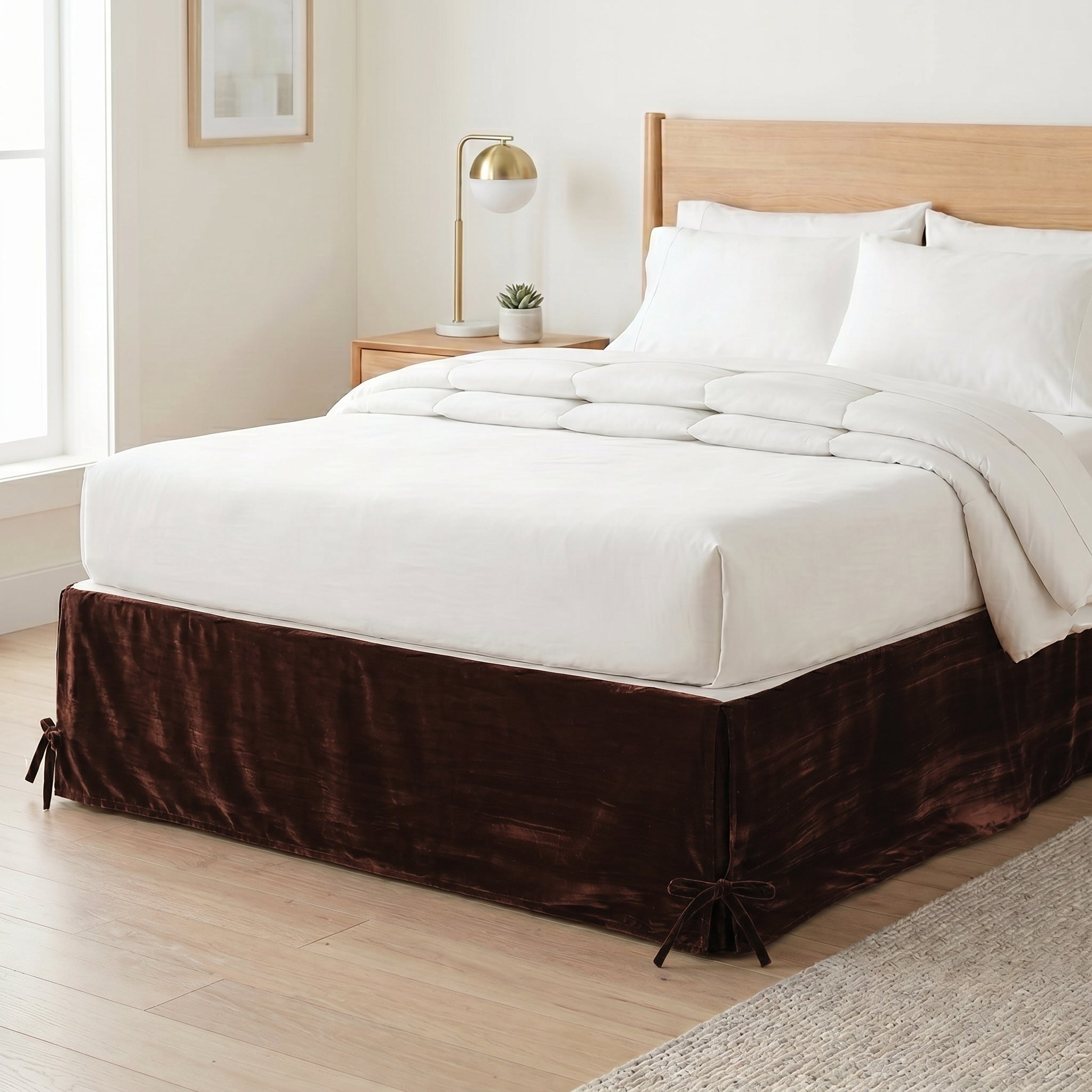 Imperial Solid Velvet Tailored Bed Skirt – Luxury Espresso Brown Split Corner Bed Valance with Ties