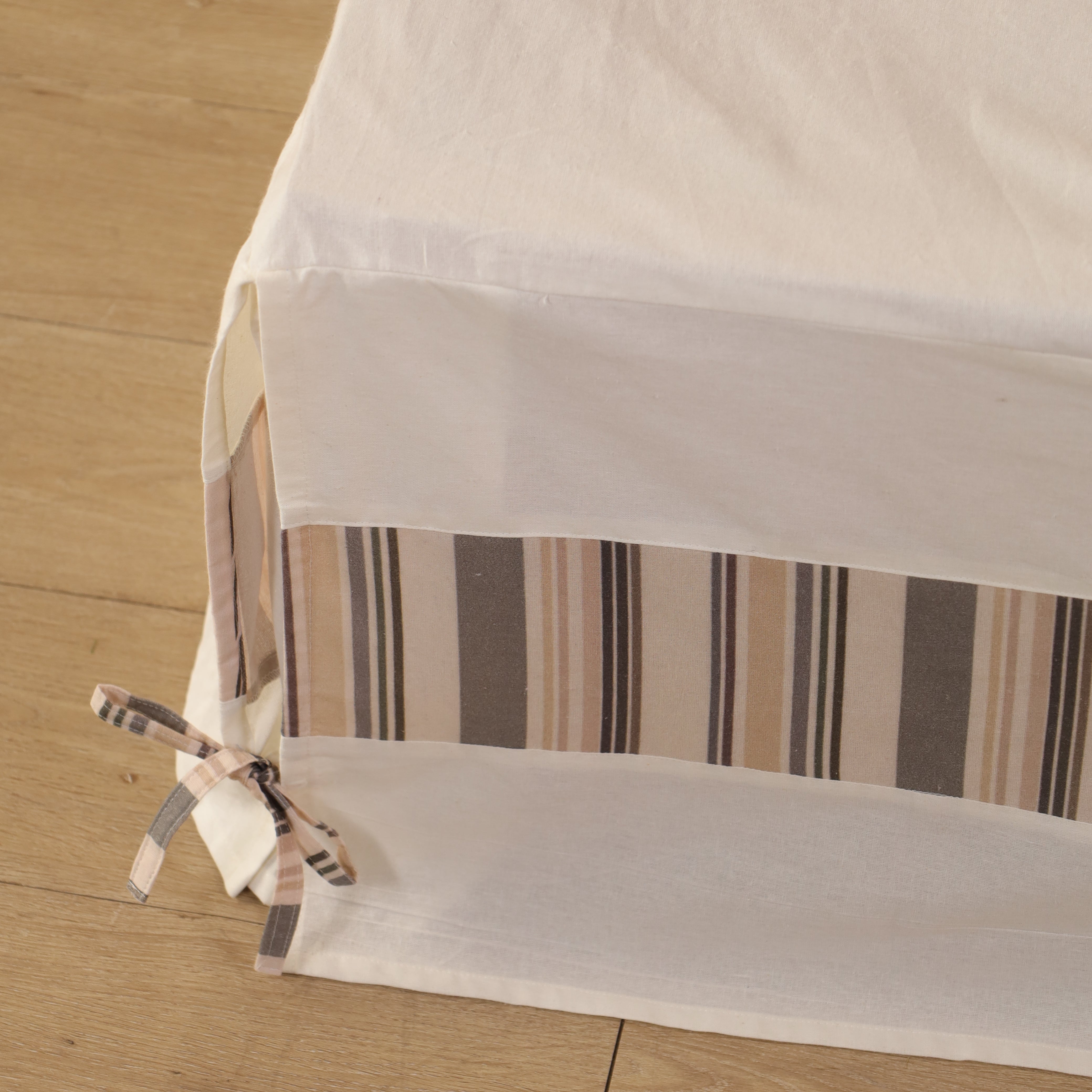 Minimalist Multi-Stripe Inset Tailored Bed Skirt – Ivory Split Corner Bed Valance with Side Ties