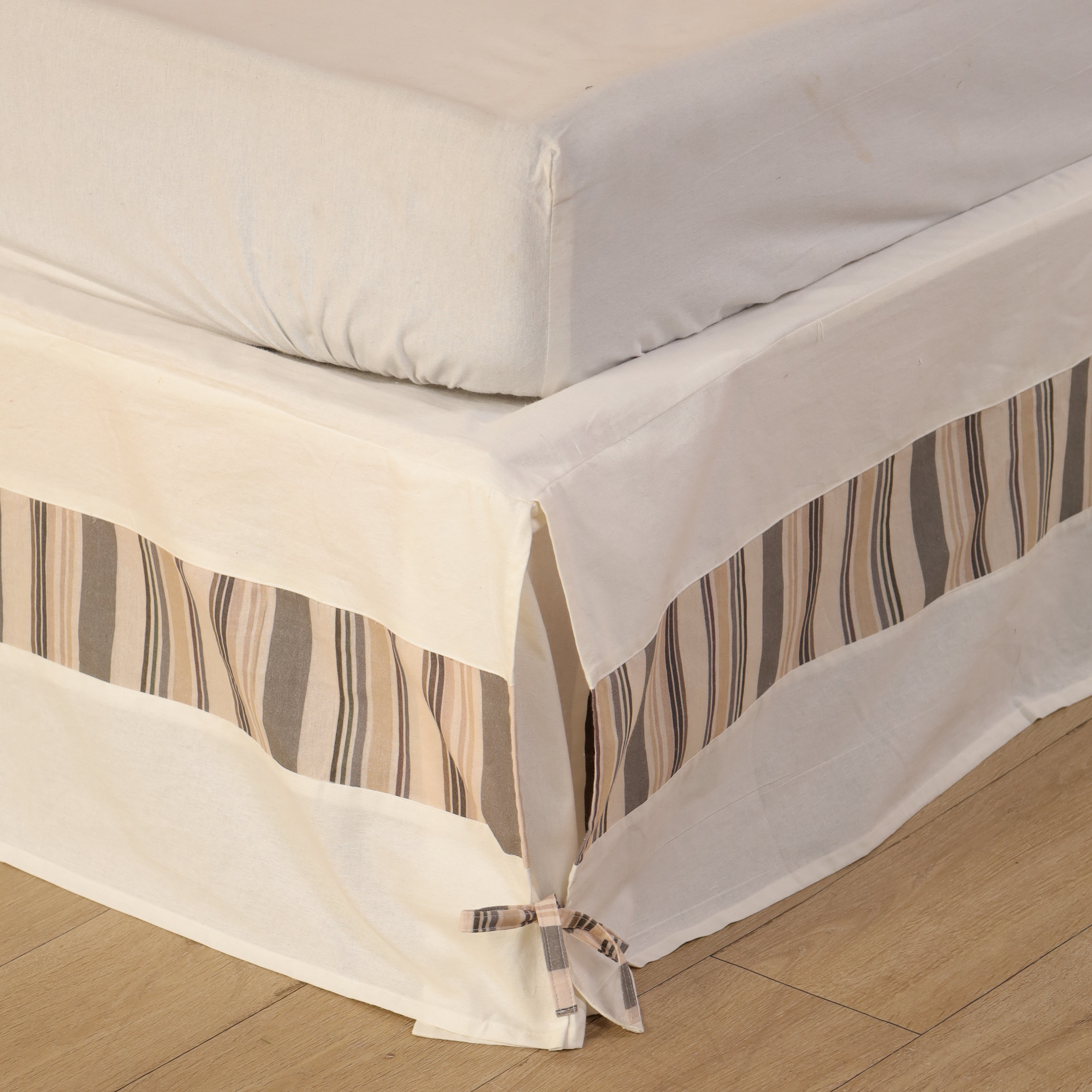 Minimalist Multi-Stripe Inset Tailored Bed Skirt – Ivory Split Corner Bed Valance with Side Ties