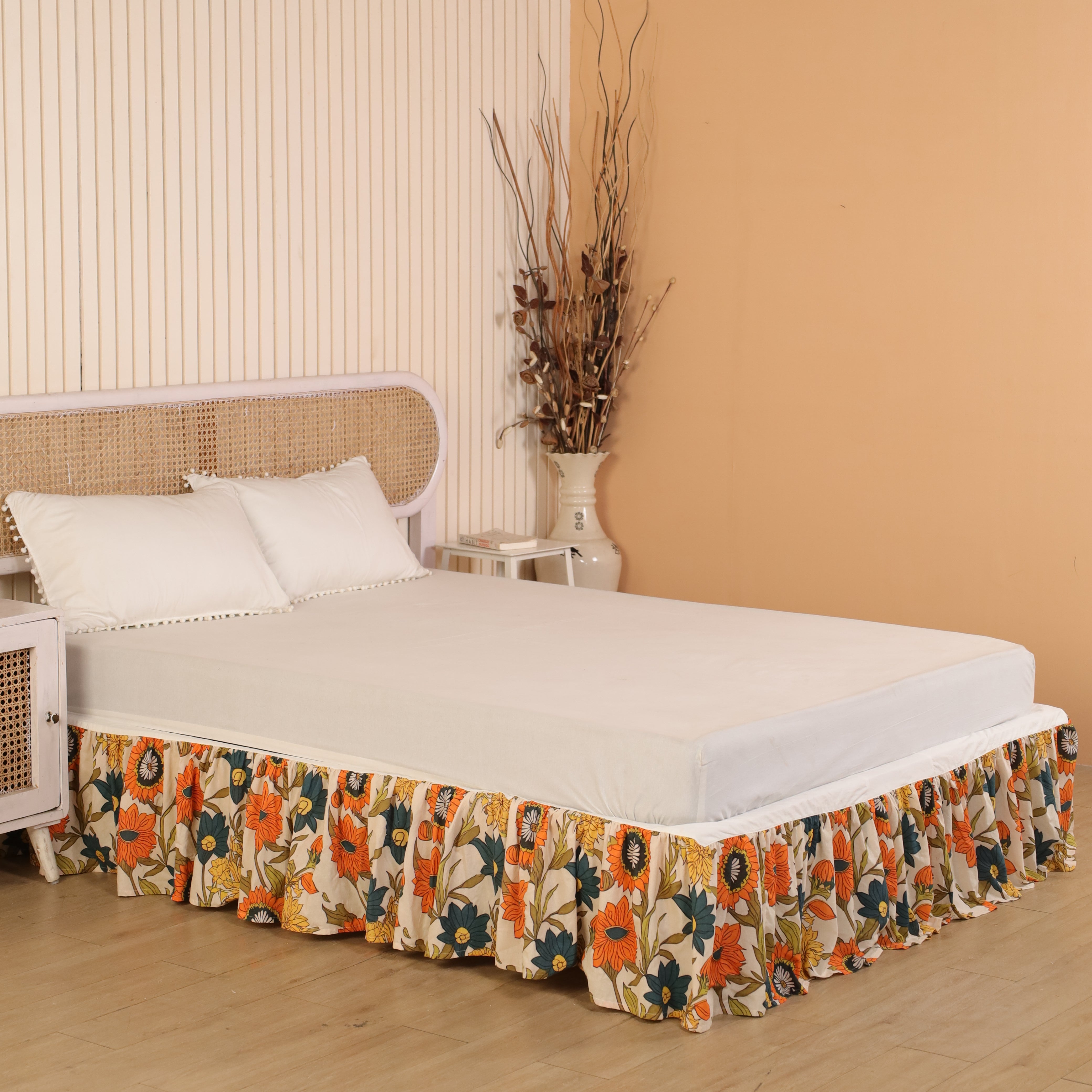 Retro Sunset Multi-Stripe Gathered Bed Skirt – Vintage Coral, Sage & Terracotta Striped Bed Valance with Ties