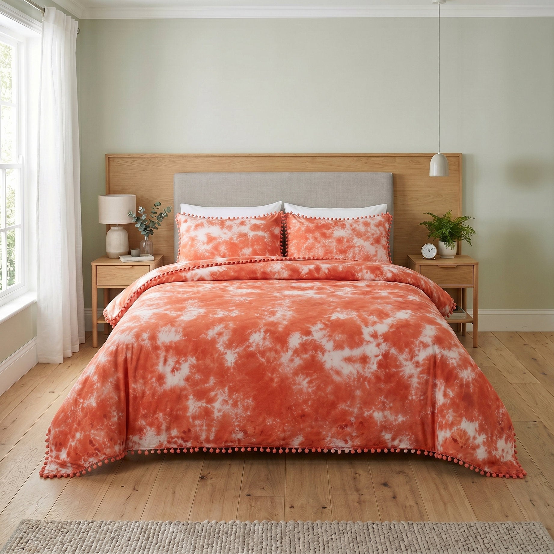 Orange Tie Dye Boho Duvet Cover Set - Cotton Comforter & Pillow Shams
