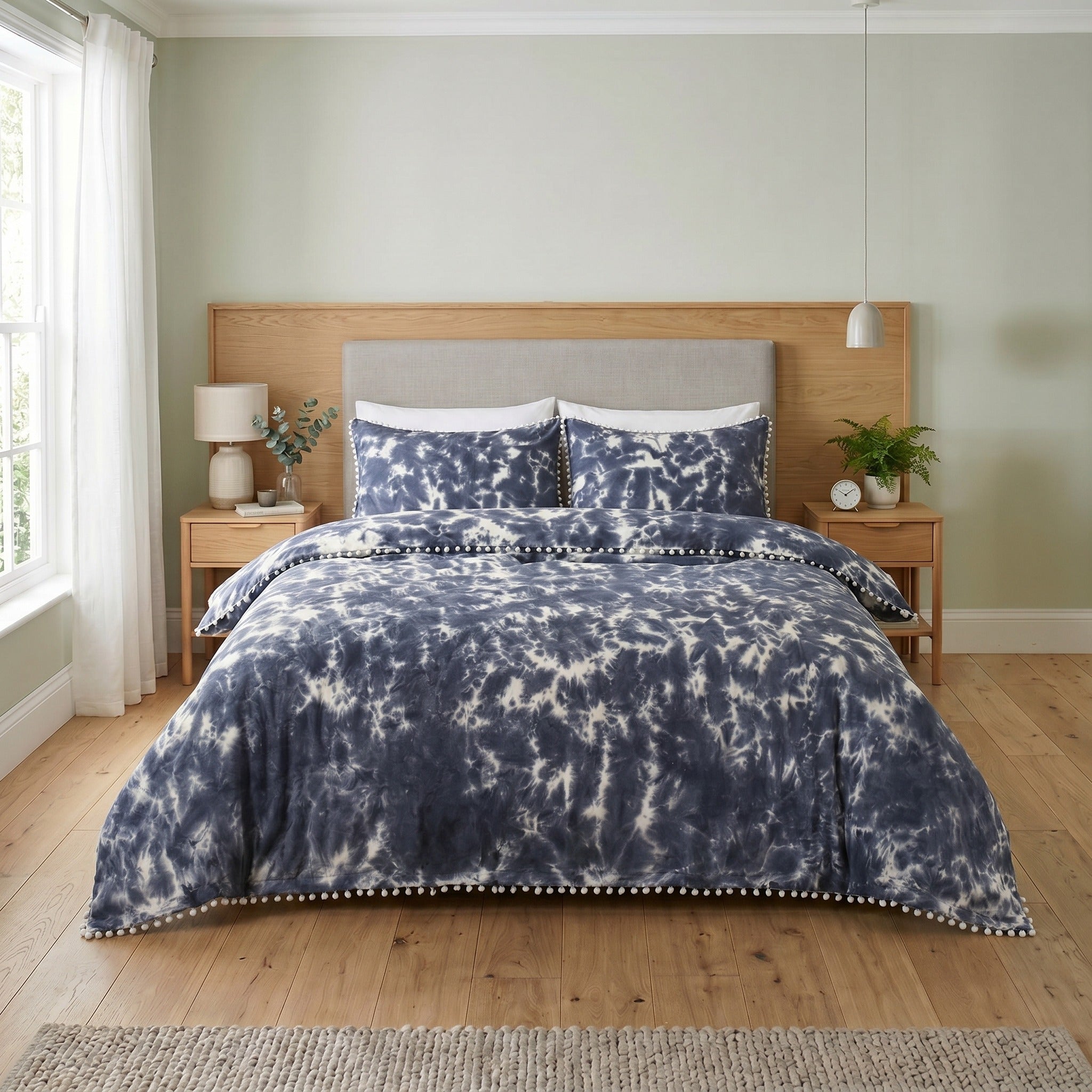 Indigo Blue Tie Dye Bedding Set - Boho Cotton Duvet Cover with Pom Poms