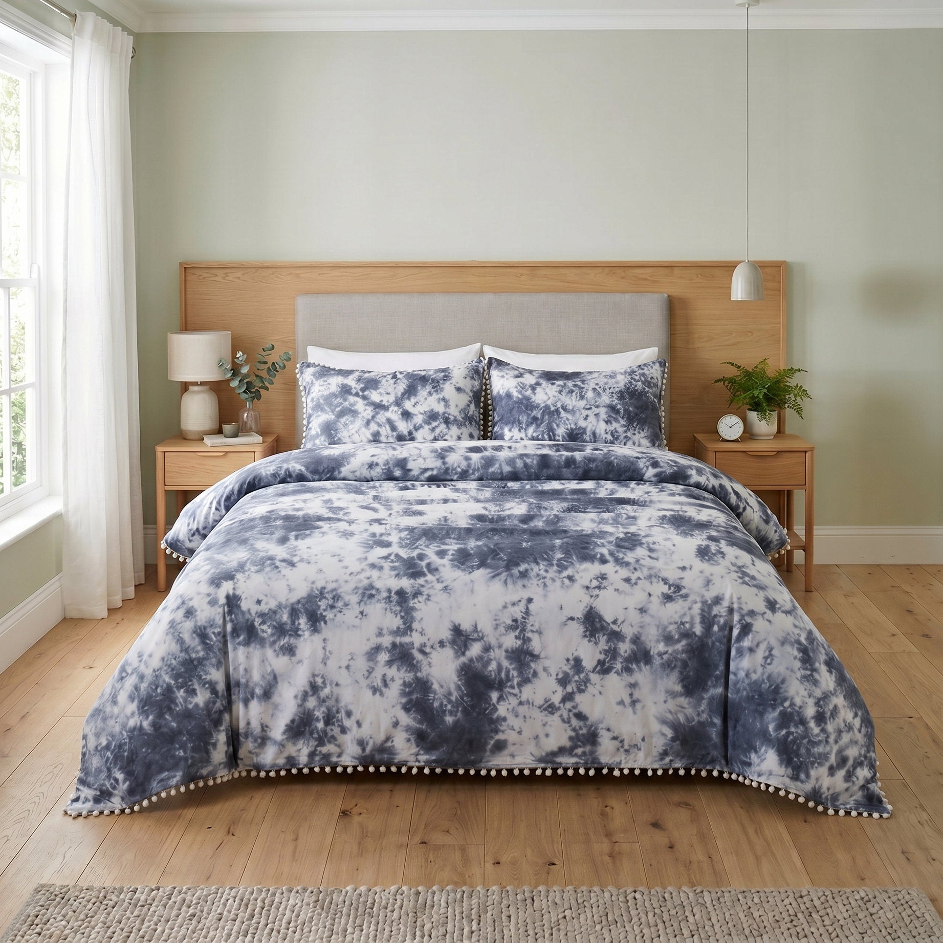 Blue Tie Dye Cotton Duvet Cover Set - 3pc Boho Pom Pom Fringe Bedding