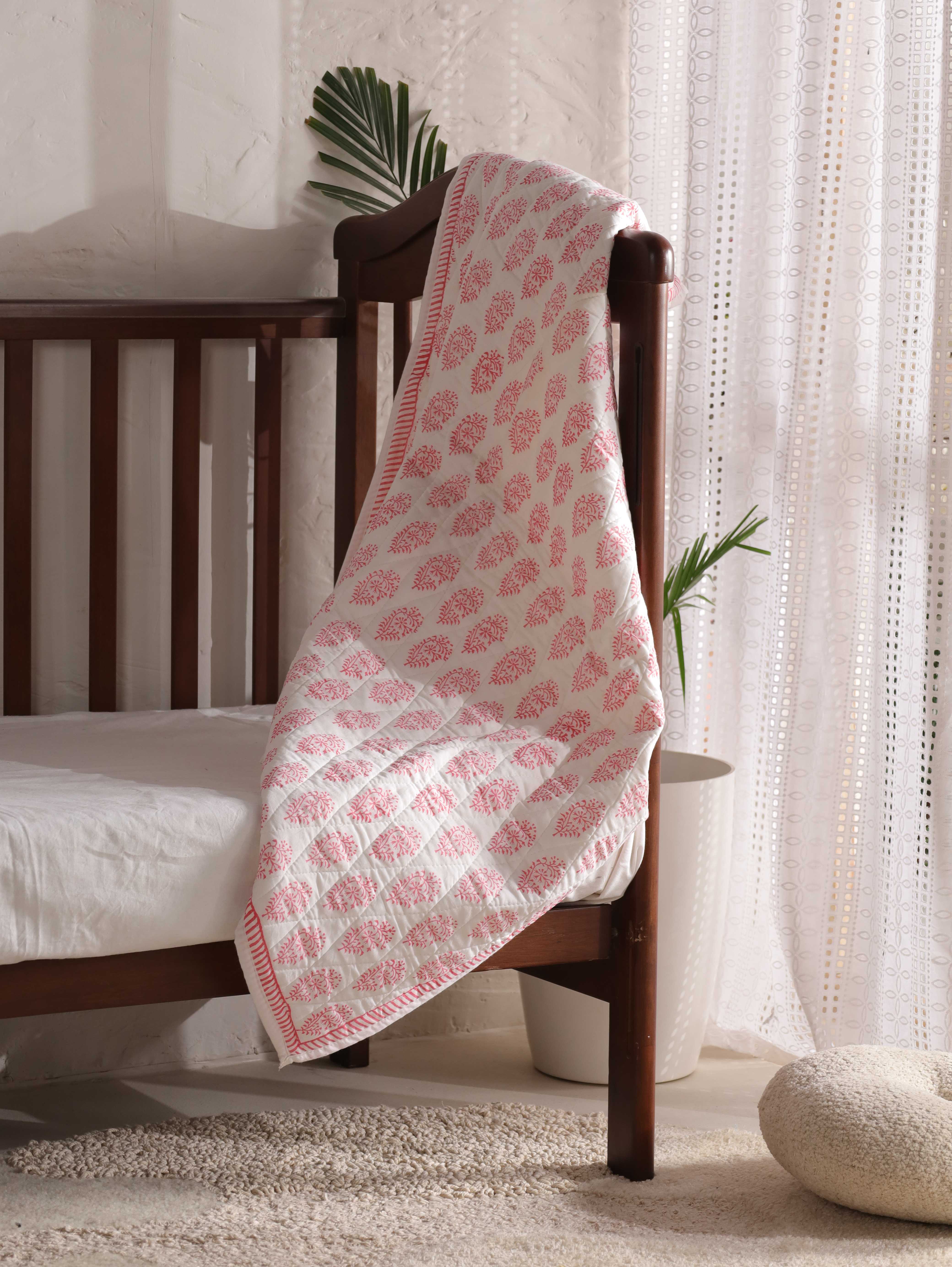Hand-Block Inspired Floral Baby Quilt - Soft Cotton Toddler Blanket