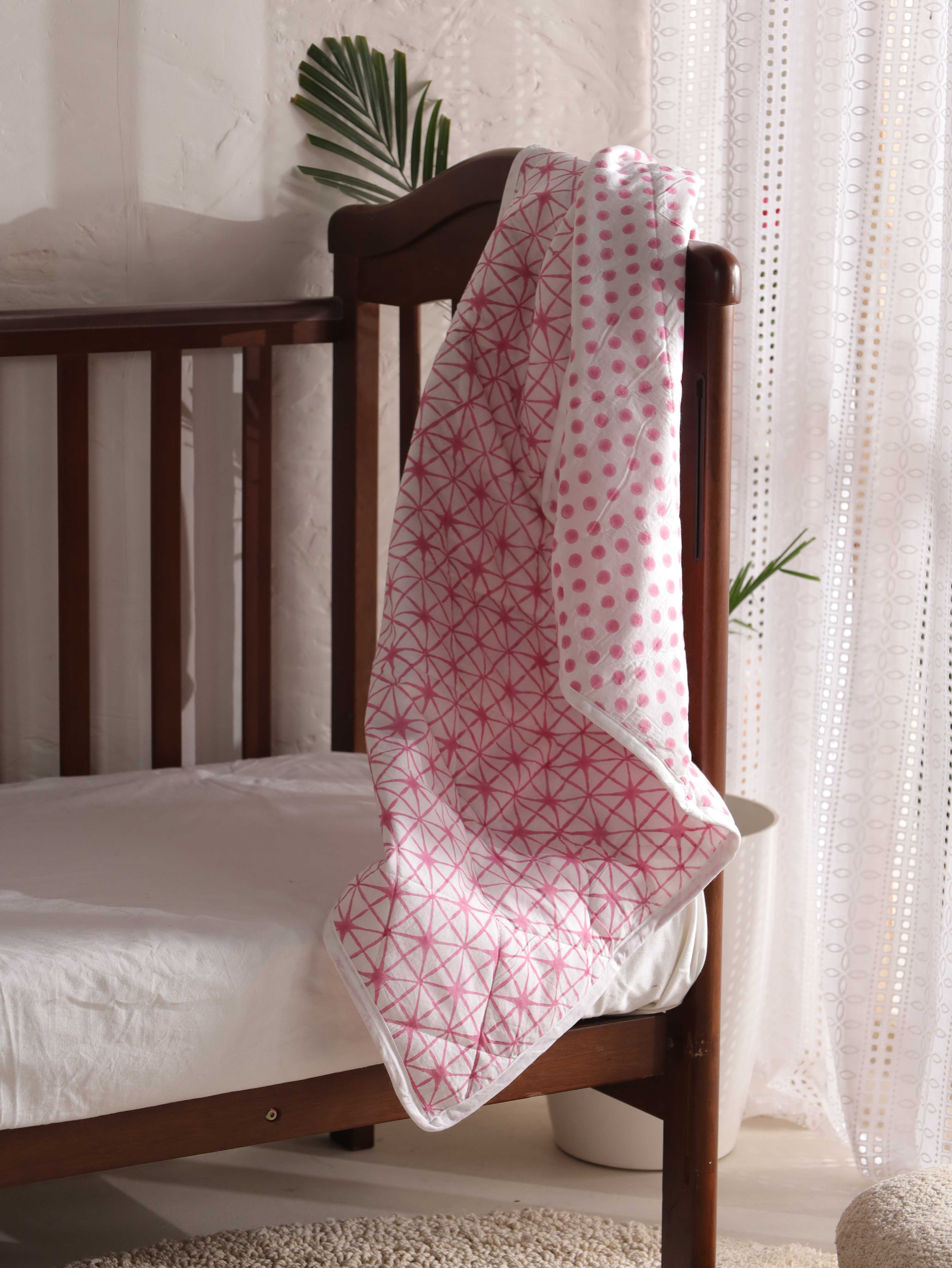 Reversible Geometric & Polka Dot Baby Quilt - Soft Pink Toddler Blanket