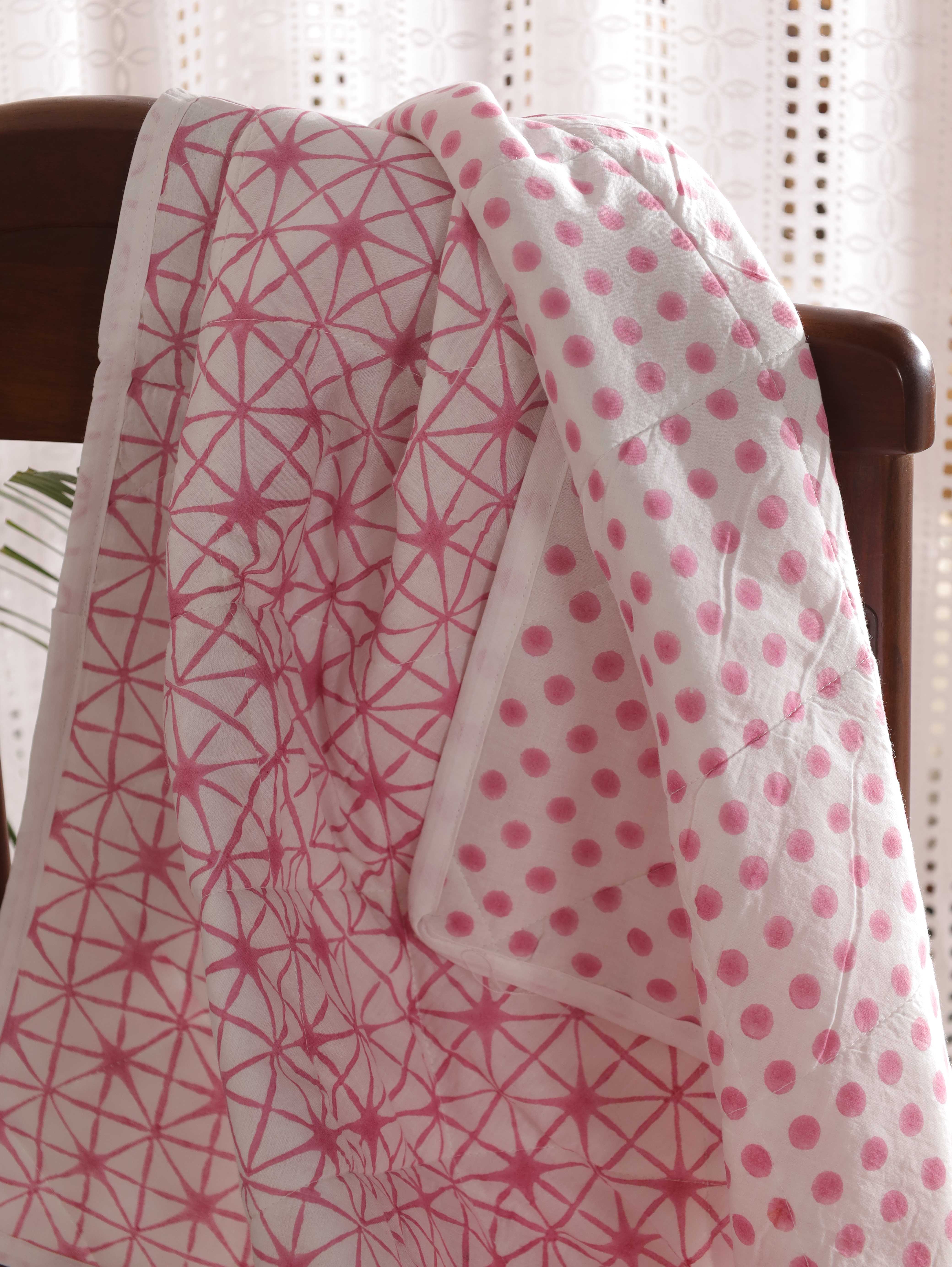 Reversible Geometric & Polka Dot Baby Quilt - Soft Pink Toddler Blanket
