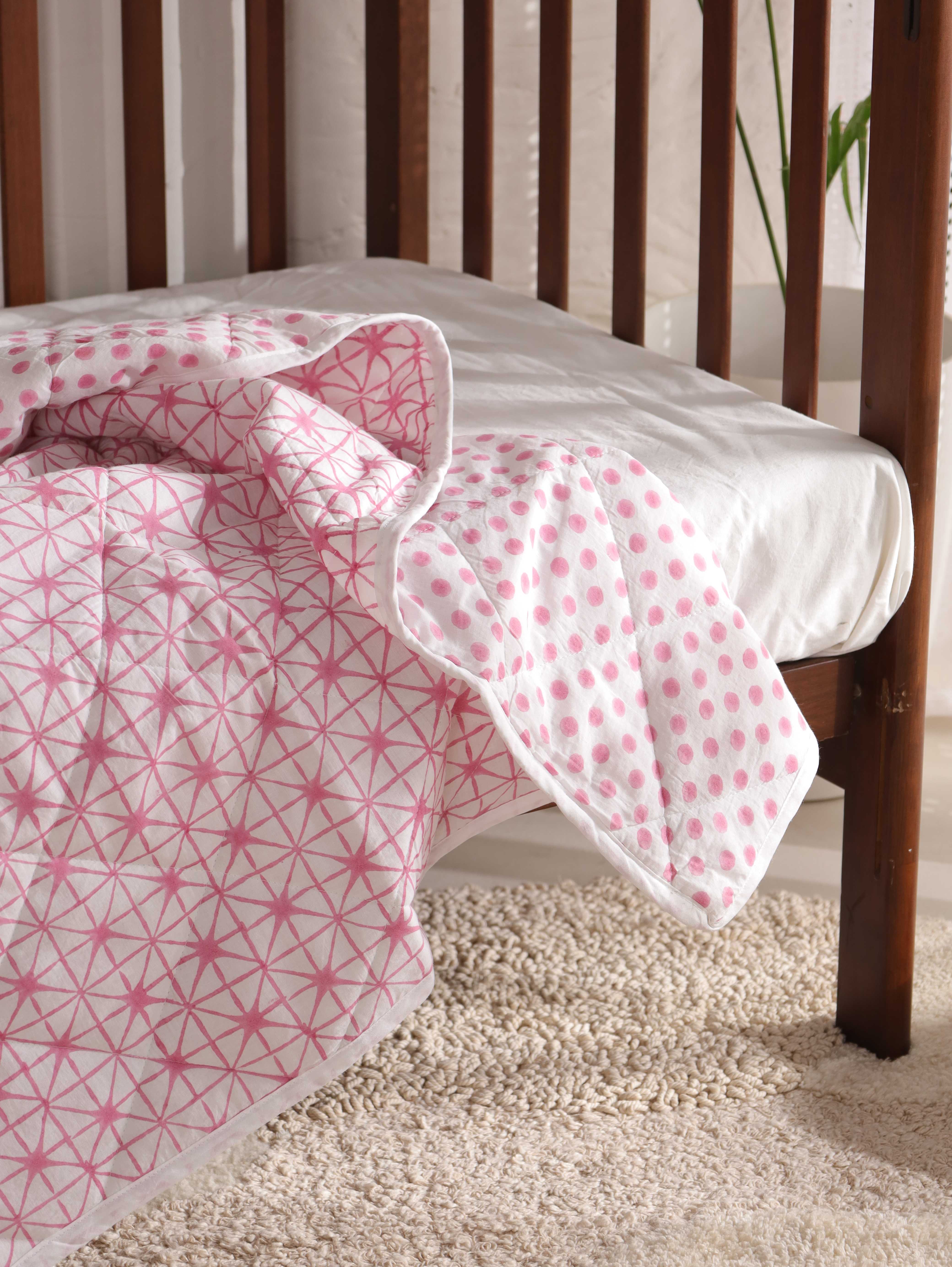 Reversible Geometric & Polka Dot Baby Quilt - Soft Pink Toddler Blanket