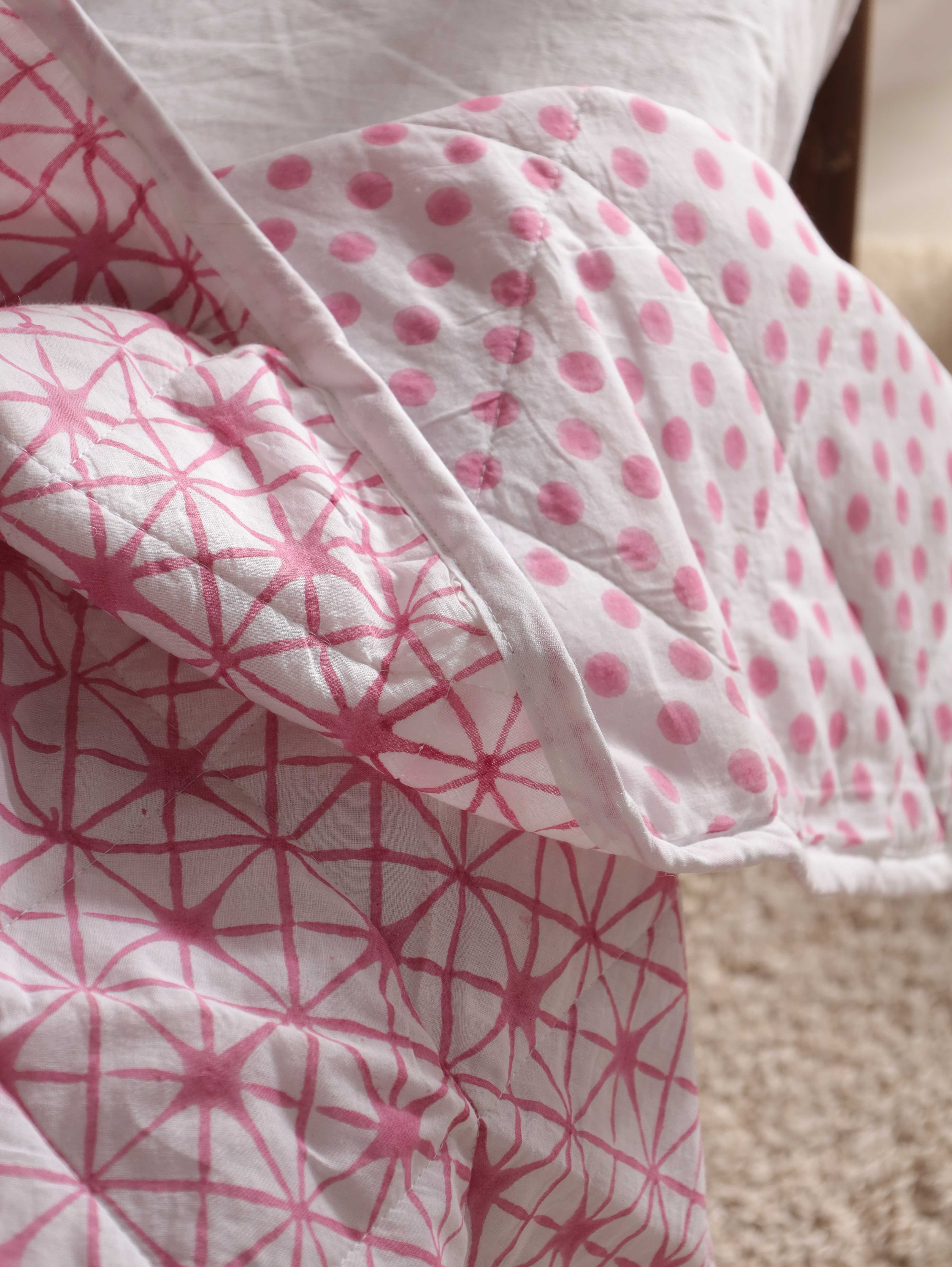 Reversible Geometric & Polka Dot Baby Quilt - Soft Pink Toddler Blanket