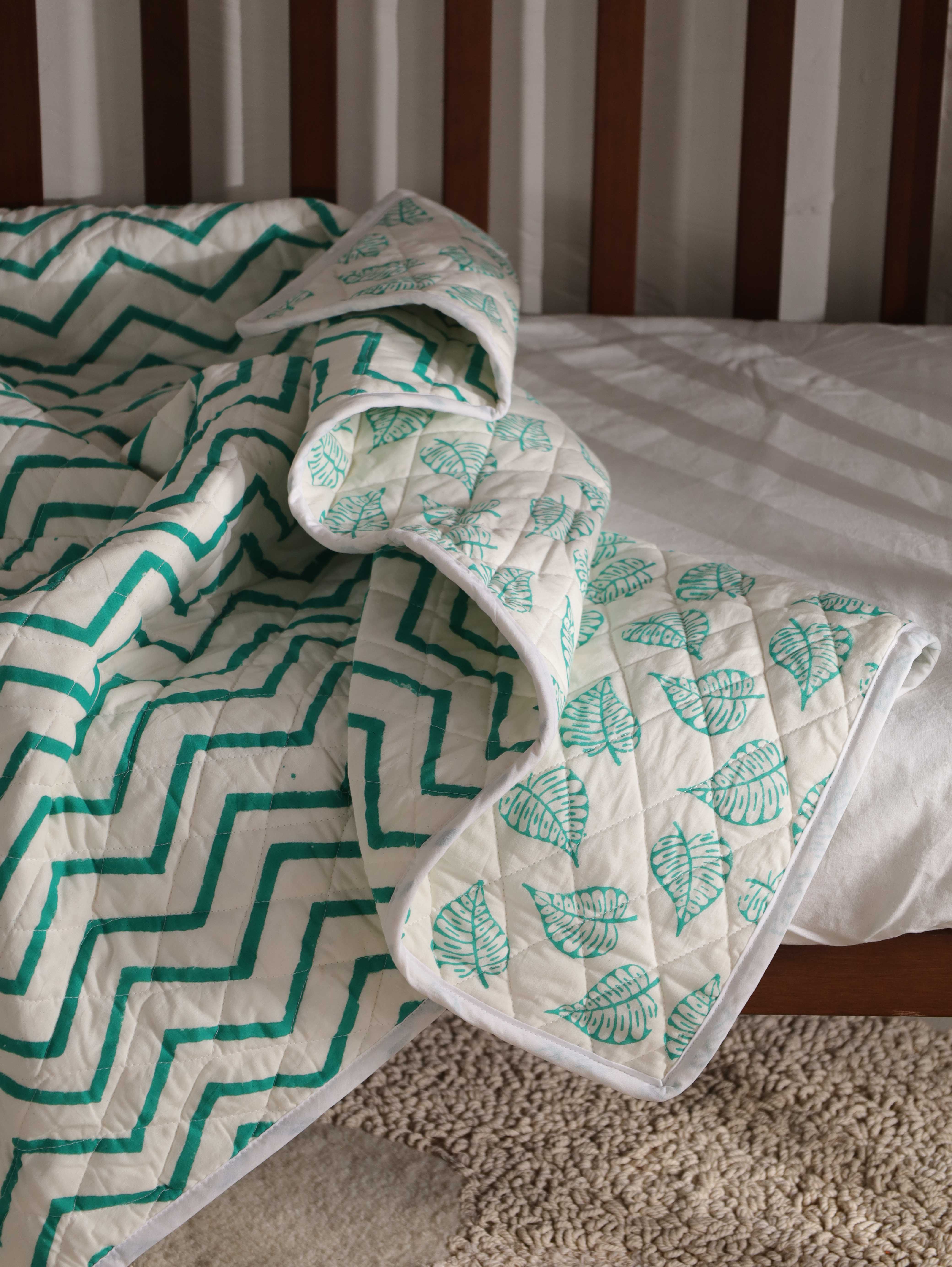 Reversible Botanical Leaf & Chevron Baby Quilt - Soft Teal Nursery Blanket