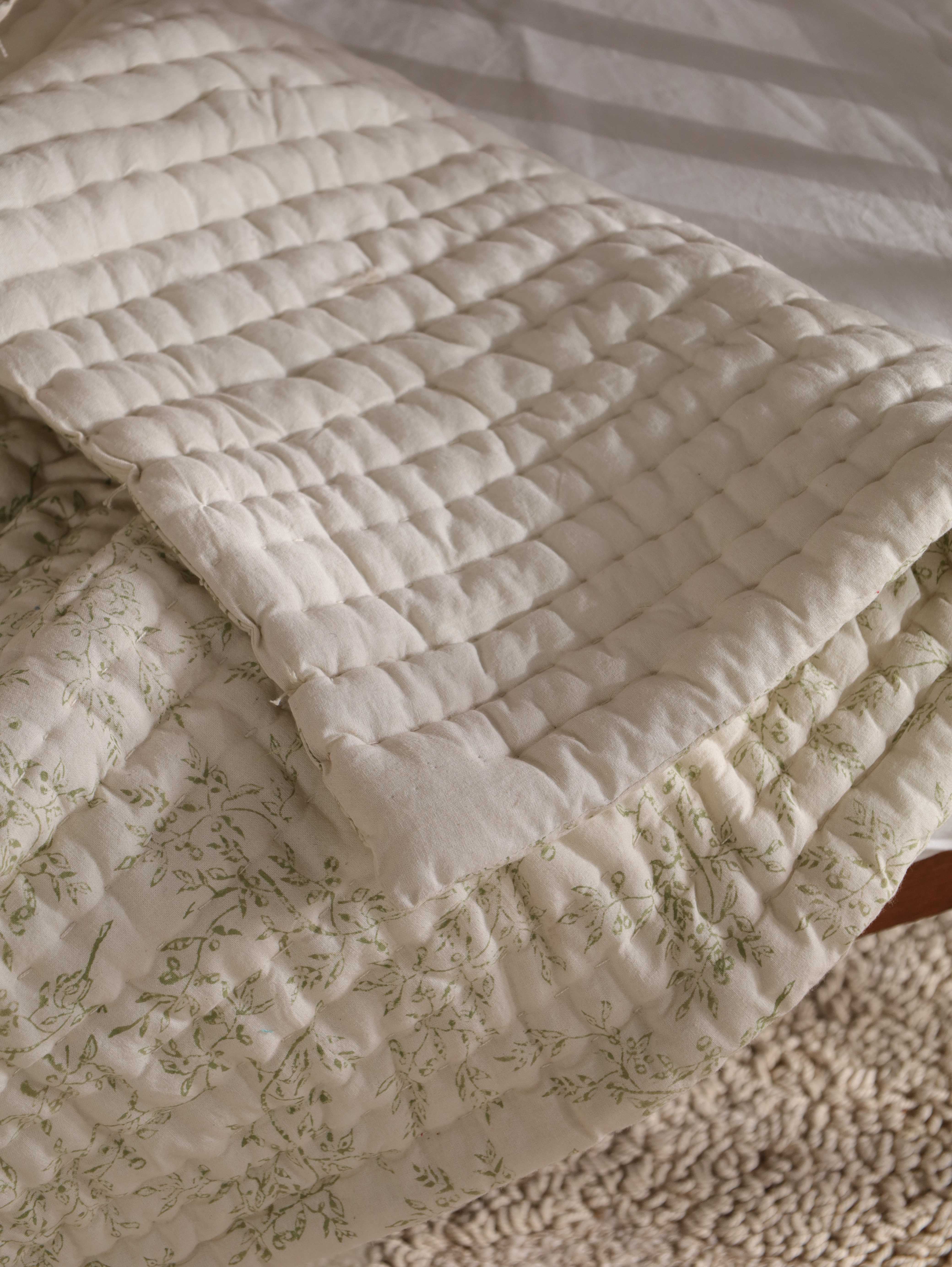 Vintage Sage Green Botanical Baby Quilt - Soft Muslin Toddler Blanket