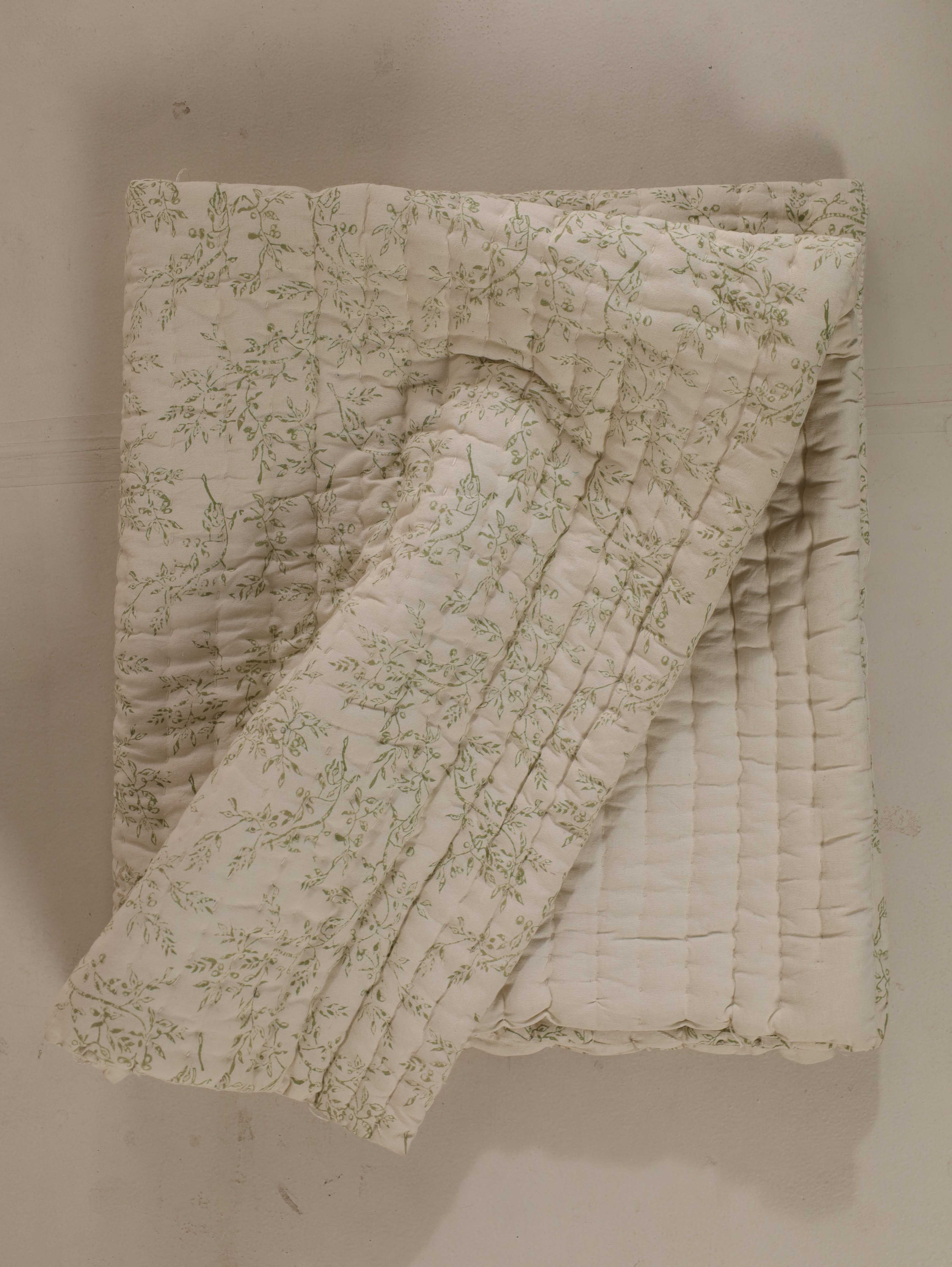 Vintage Sage Green Botanical Baby Quilt - Soft Muslin Toddler Blanket