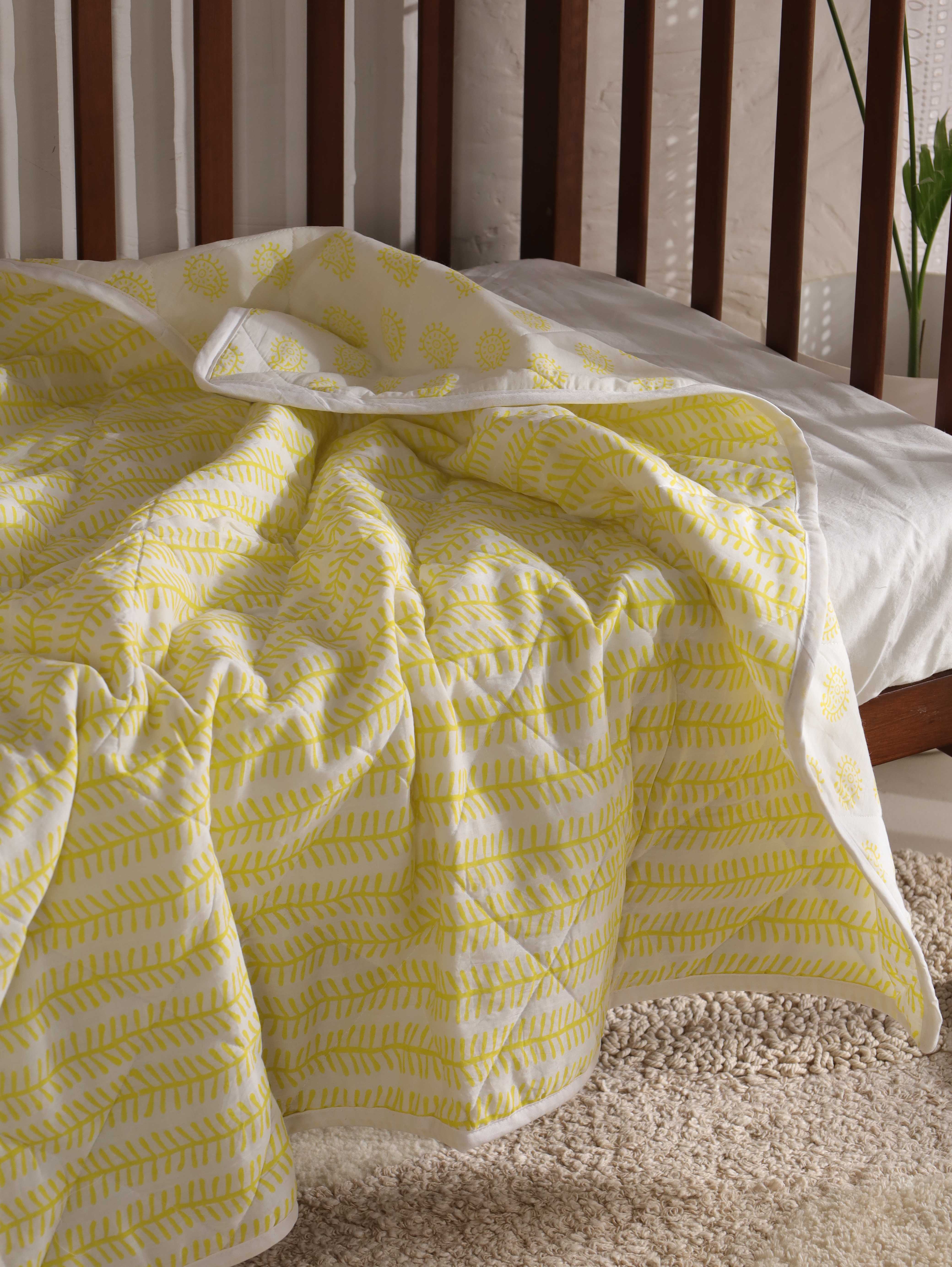 Reversible Citron Yellow Leaf & Paisley Baby Quilt - Soft Crib Blanket