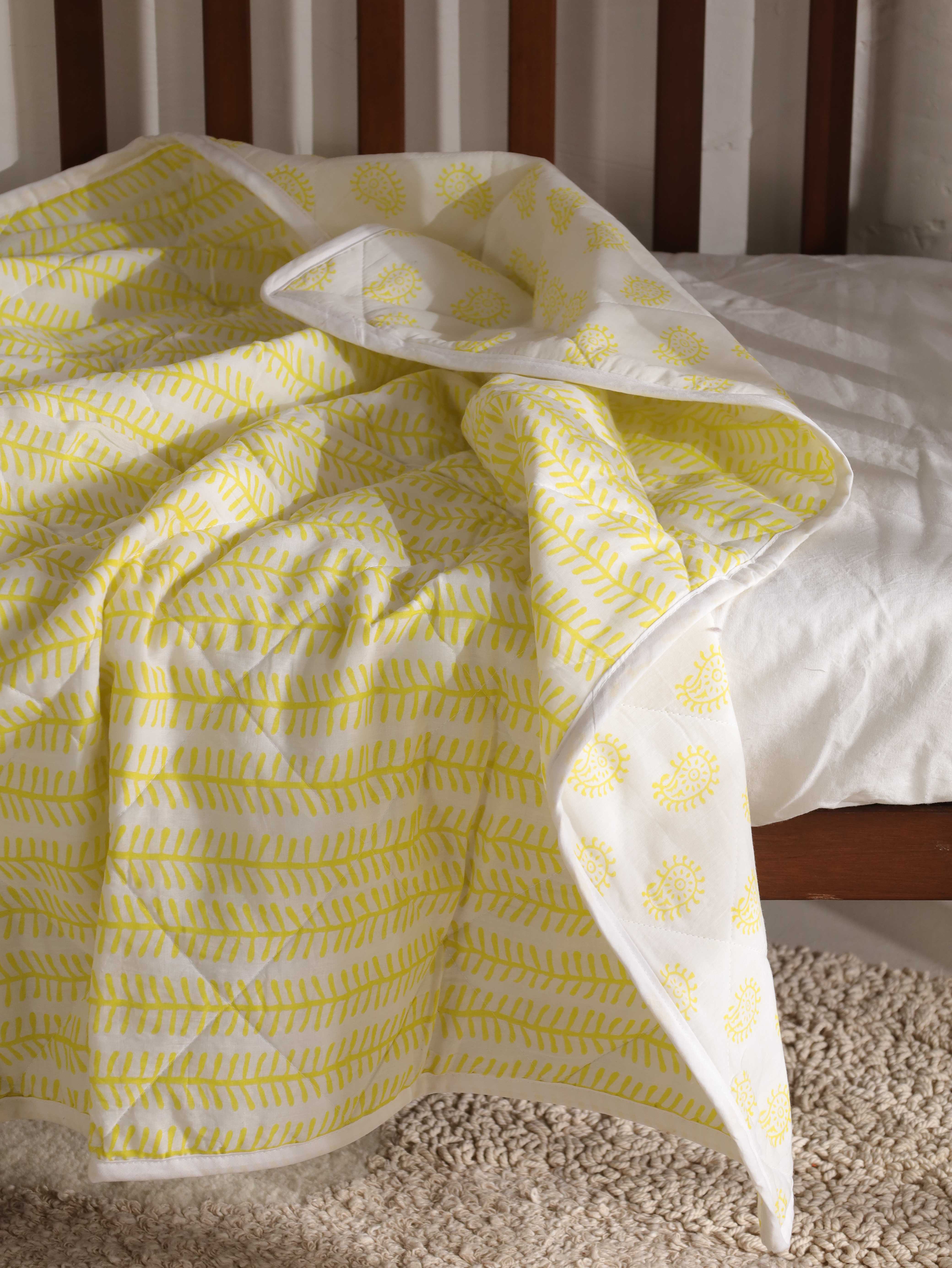 Reversible Citron Yellow Leaf & Paisley Baby Quilt - Soft Crib Blanket