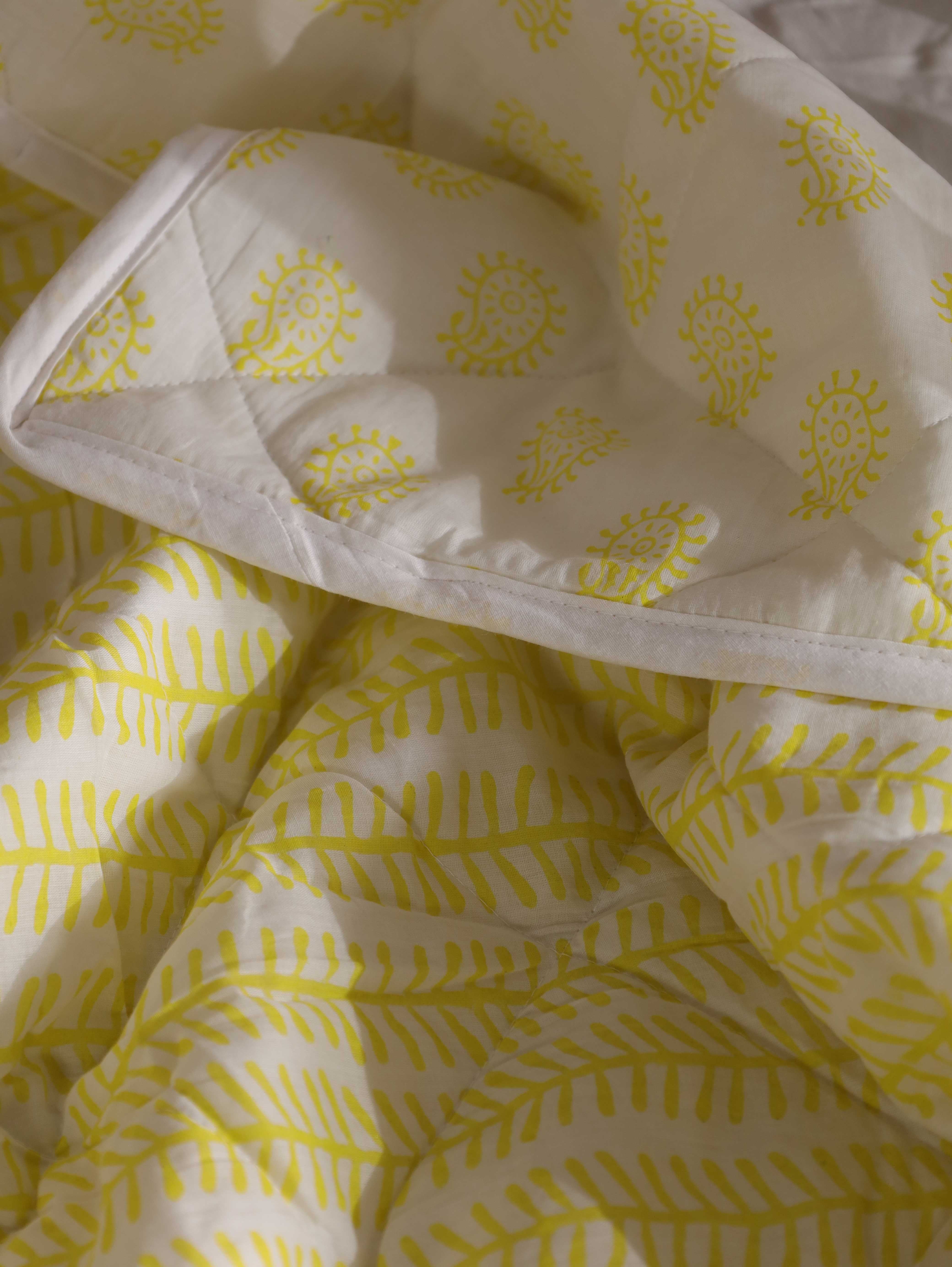 Reversible Citron Yellow Leaf & Paisley Baby Quilt - Soft Crib Blanket