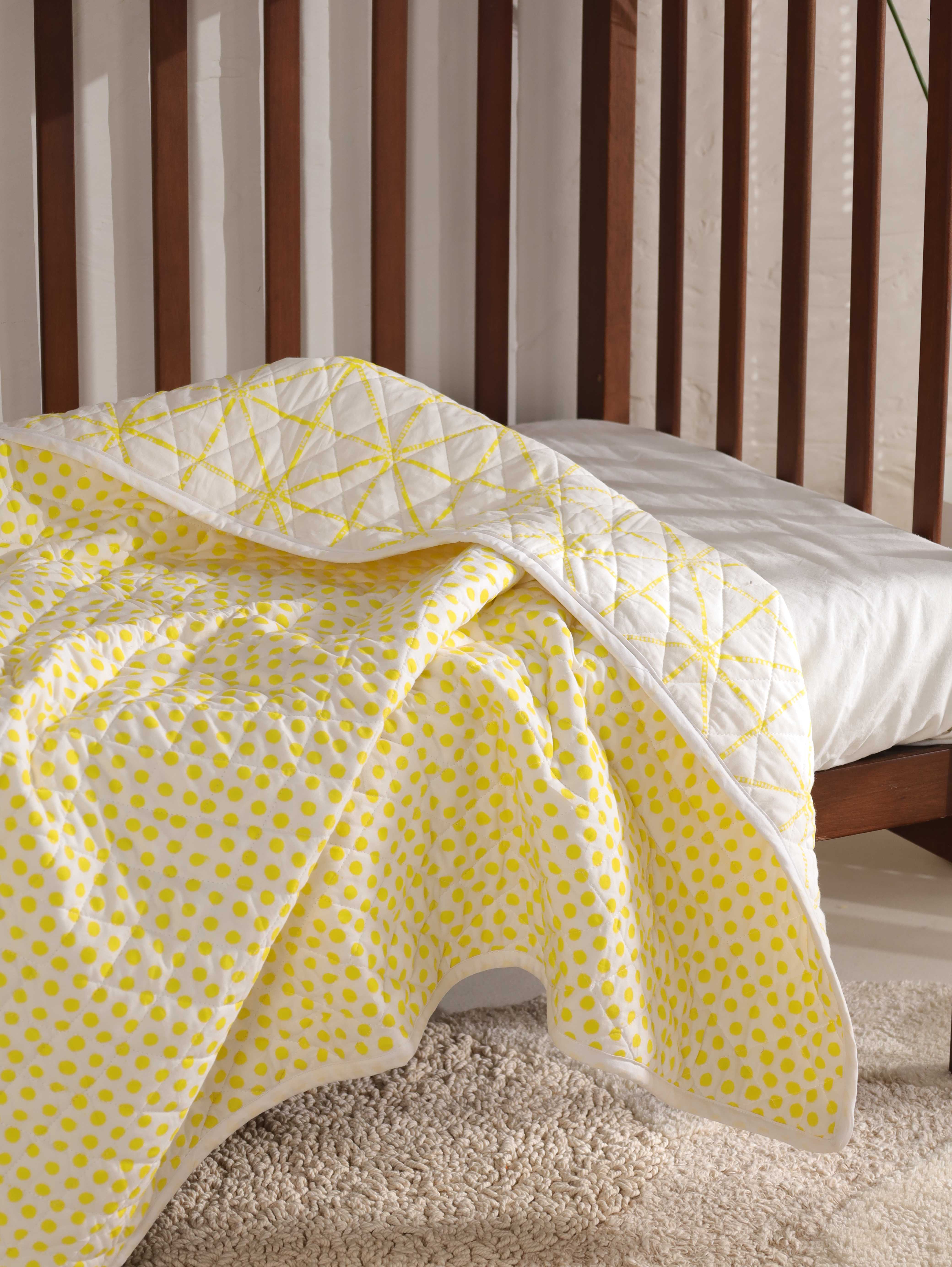 Reversible Citron Geometric & Polka Dot Baby Quilt - Soft Toddler Blanket