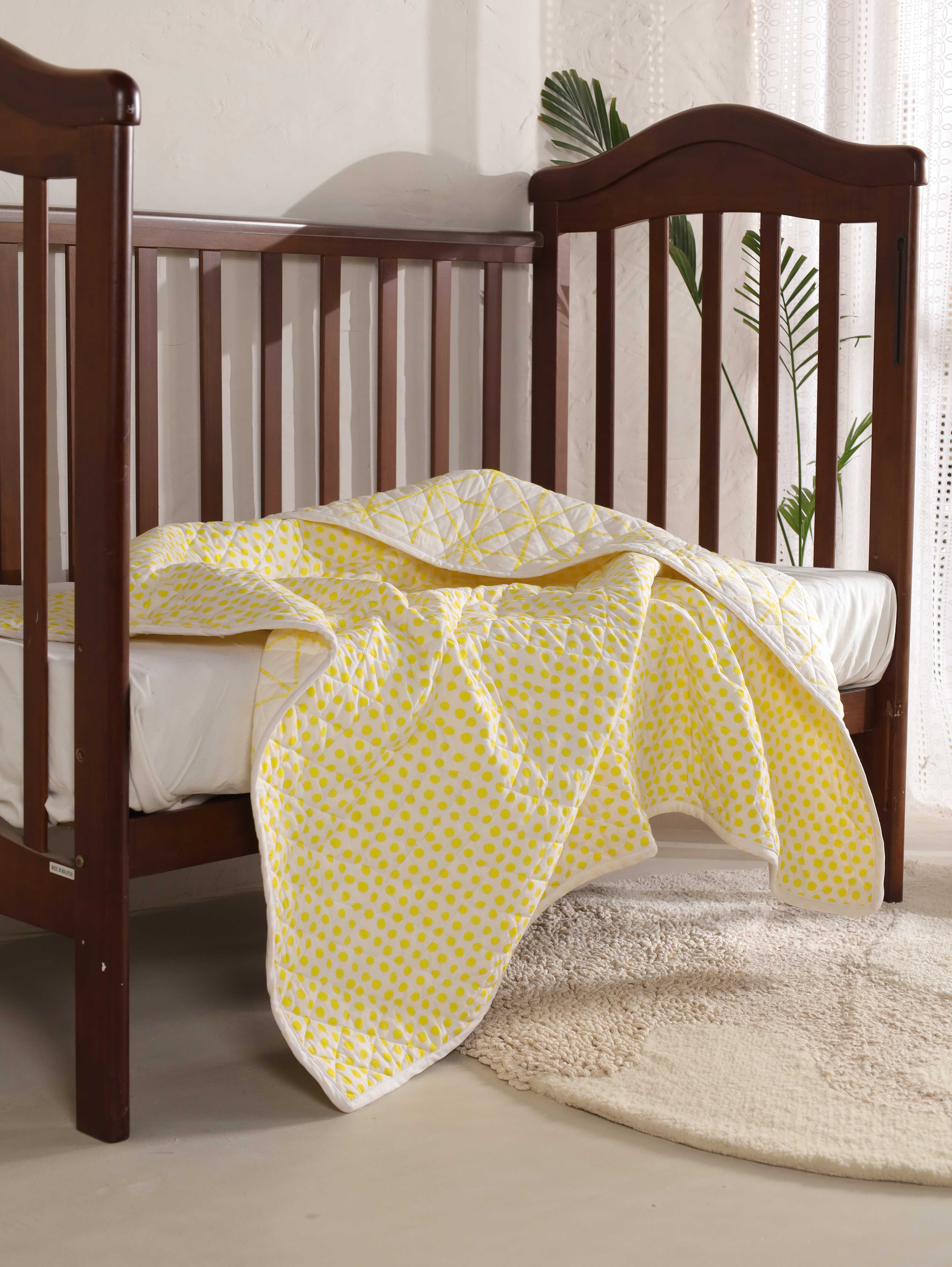 Reversible Citron Geometric & Polka Dot Baby Quilt - Soft Toddler Blanket
